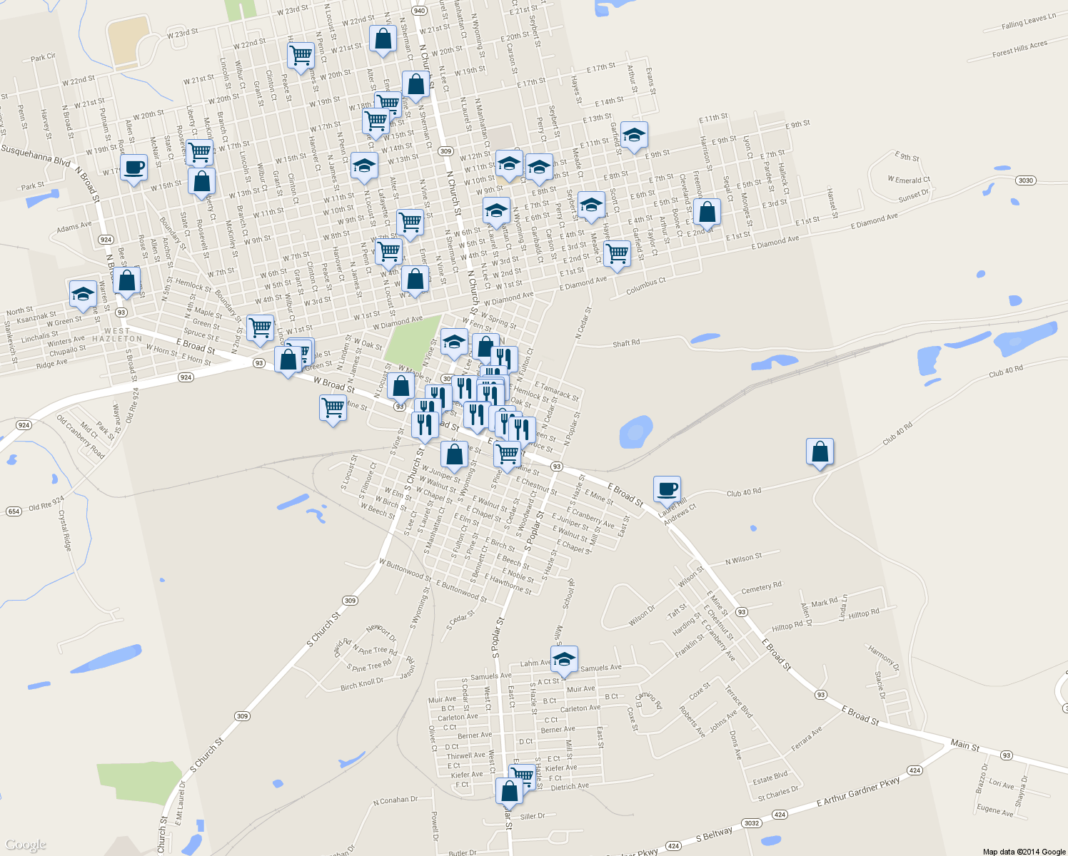 map of restaurants, bars, coffee shops, grocery stores, and more near 124 East Maple Street in Hazleton