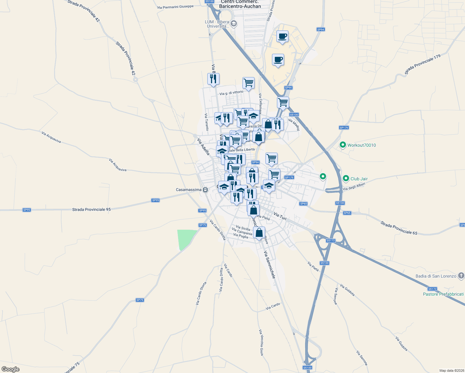 map of restaurants, bars, coffee shops, grocery stores, and more near 38 Piazza Aldo Moro in Casamassima