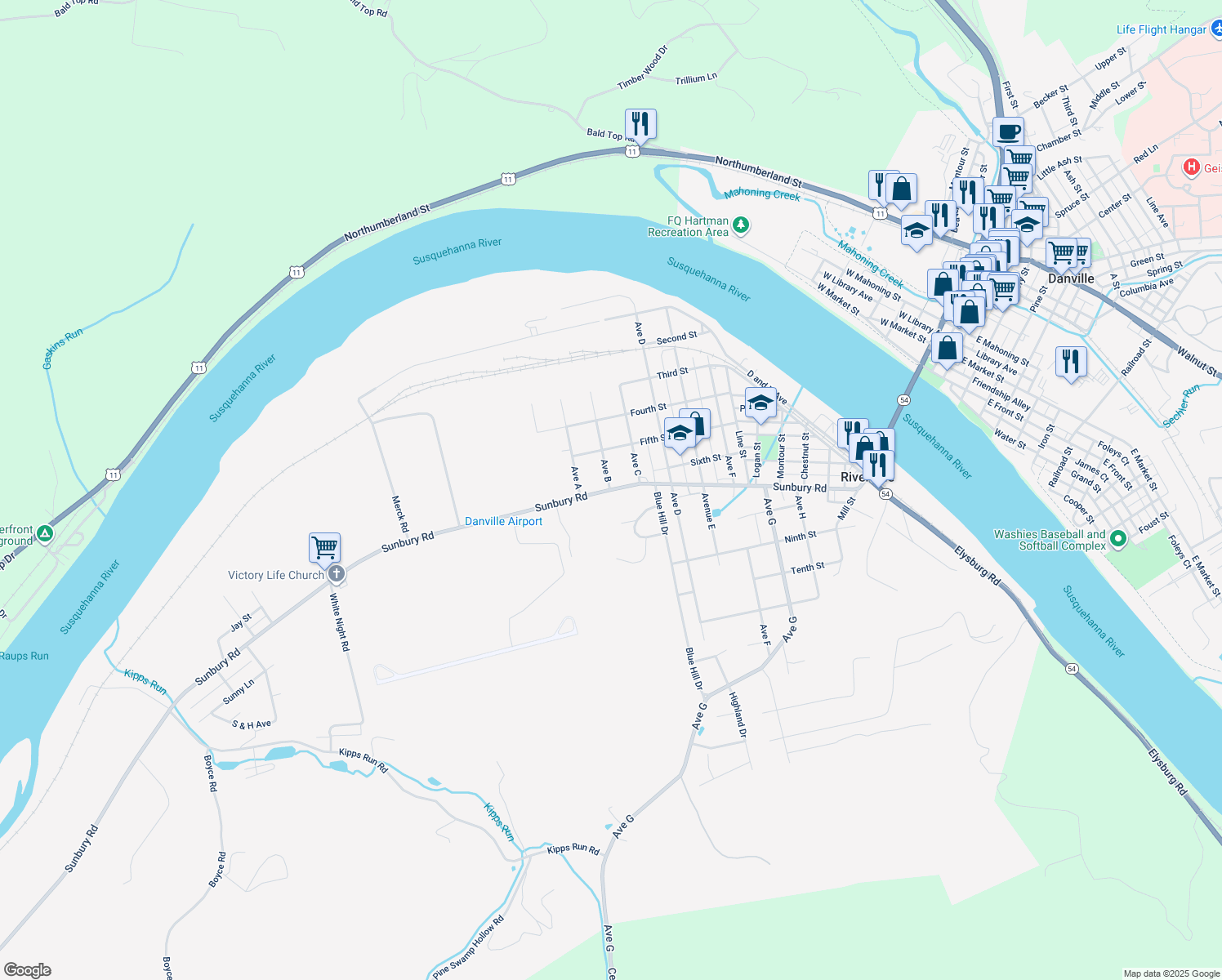 map of restaurants, bars, coffee shops, grocery stores, and more near 511 Ave B in Danville