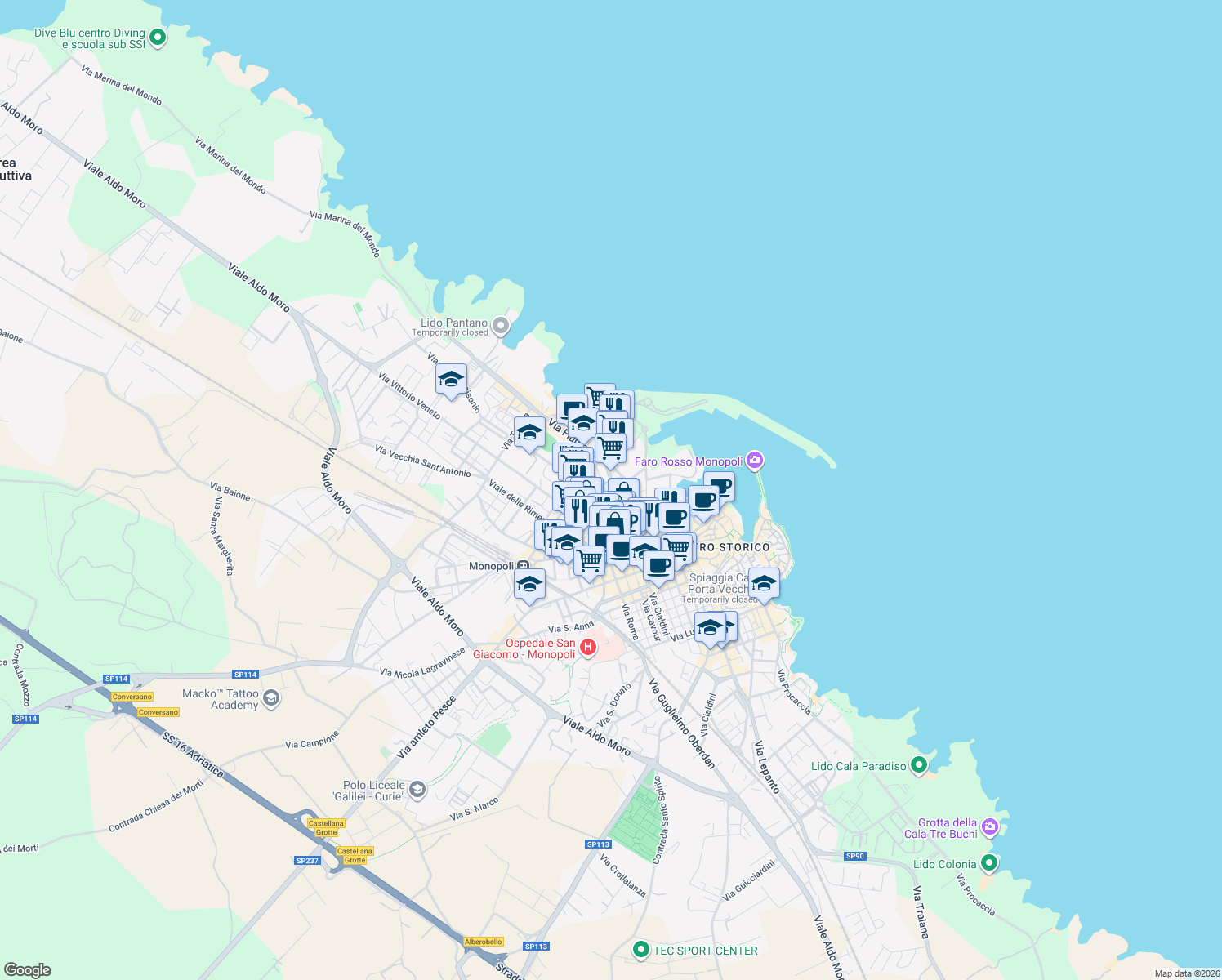 map of restaurants, bars, coffee shops, grocery stores, and more near 1 Via Cesare Battisti in Monopoli