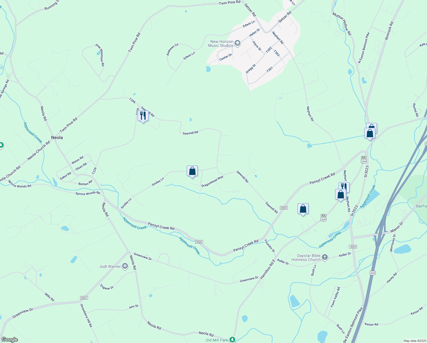 map of restaurants, bars, coffee shops, grocery stores, and more near 102 Smiley Lane in Stroudsburg