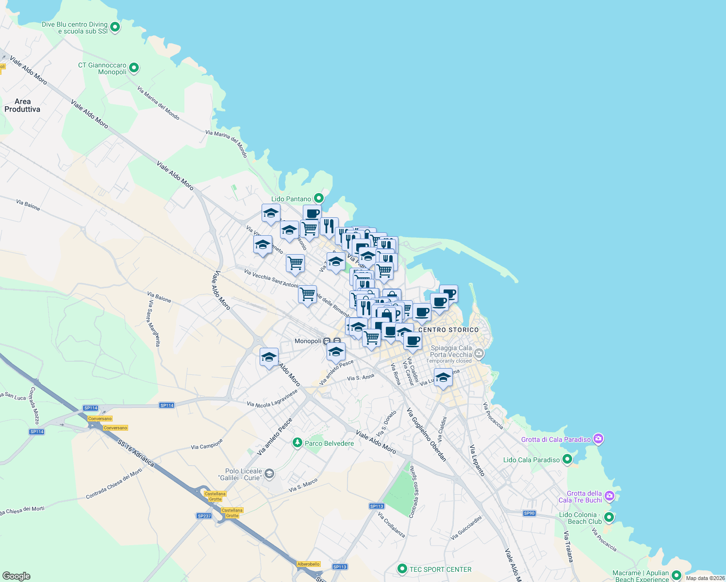 map of restaurants, bars, coffee shops, grocery stores, and more near 15 Via Francesco Muciaccia in Monopoli