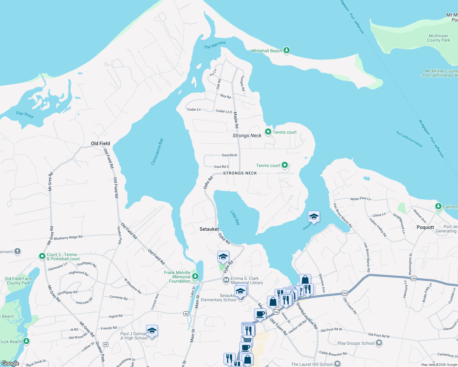 map of restaurants, bars, coffee shops, grocery stores, and more near 59 Dyke Road in Setauket- East Setauket