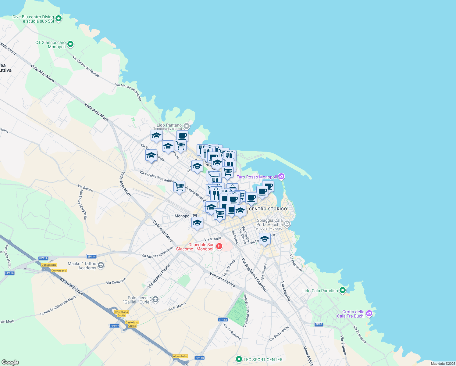 map of restaurants, bars, coffee shops, grocery stores, and more near 6 Via Remigio Ferretti in Monopoli
