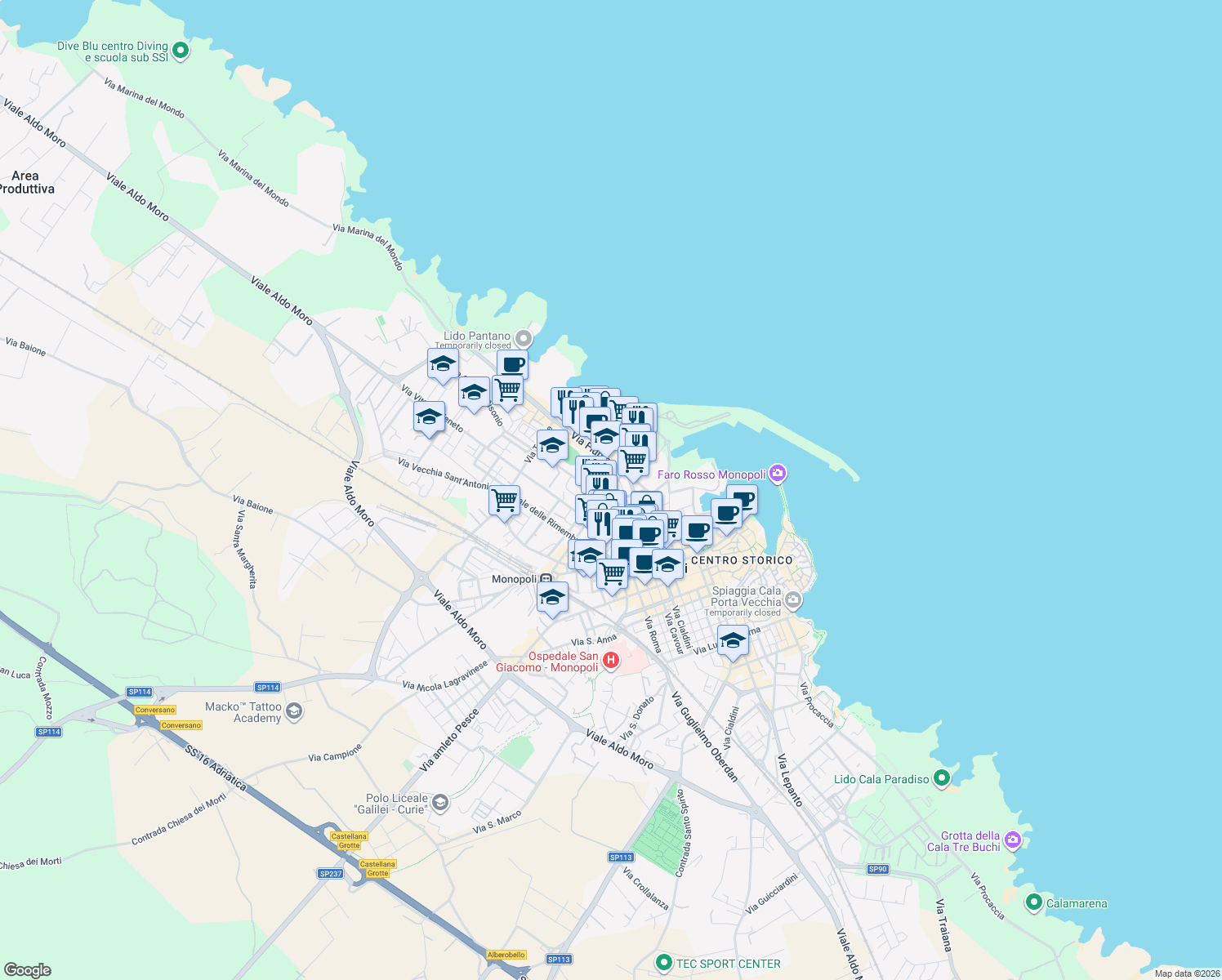 map of restaurants, bars, coffee shops, grocery stores, and more near 6 Via Remigio Ferretti in Monopoli