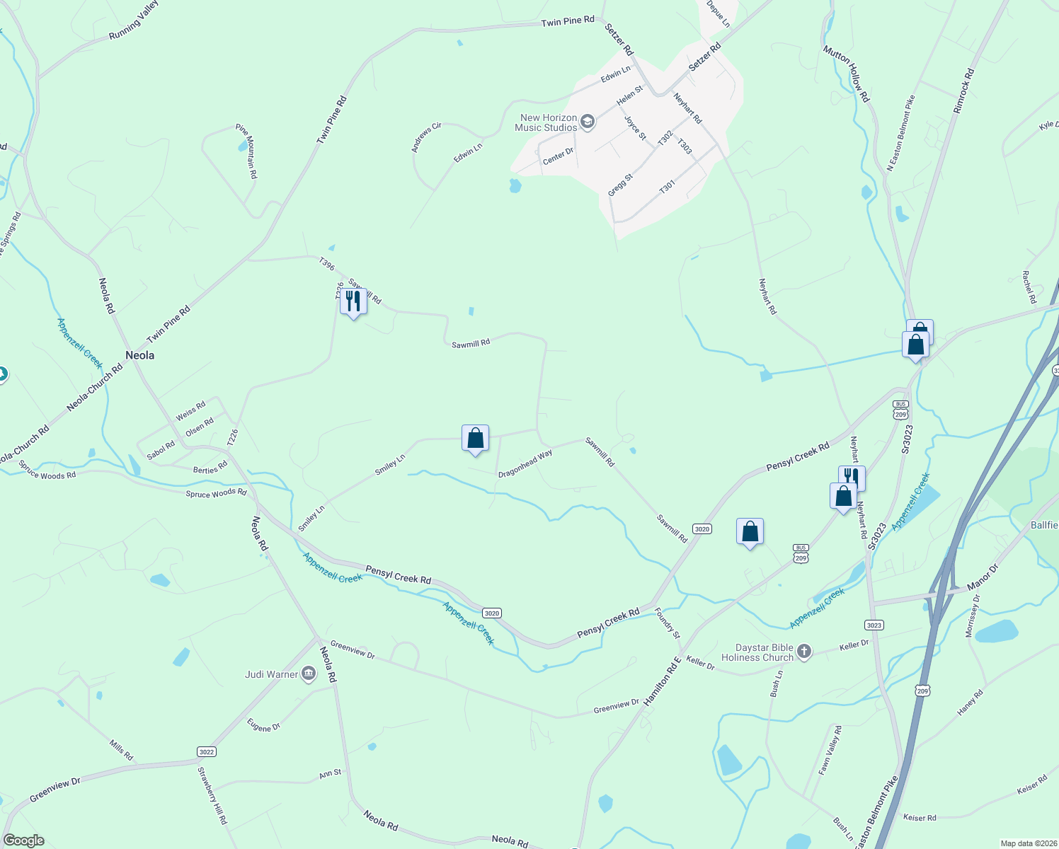 map of restaurants, bars, coffee shops, grocery stores, and more near 101 Smiley Lane in Stroudsburg