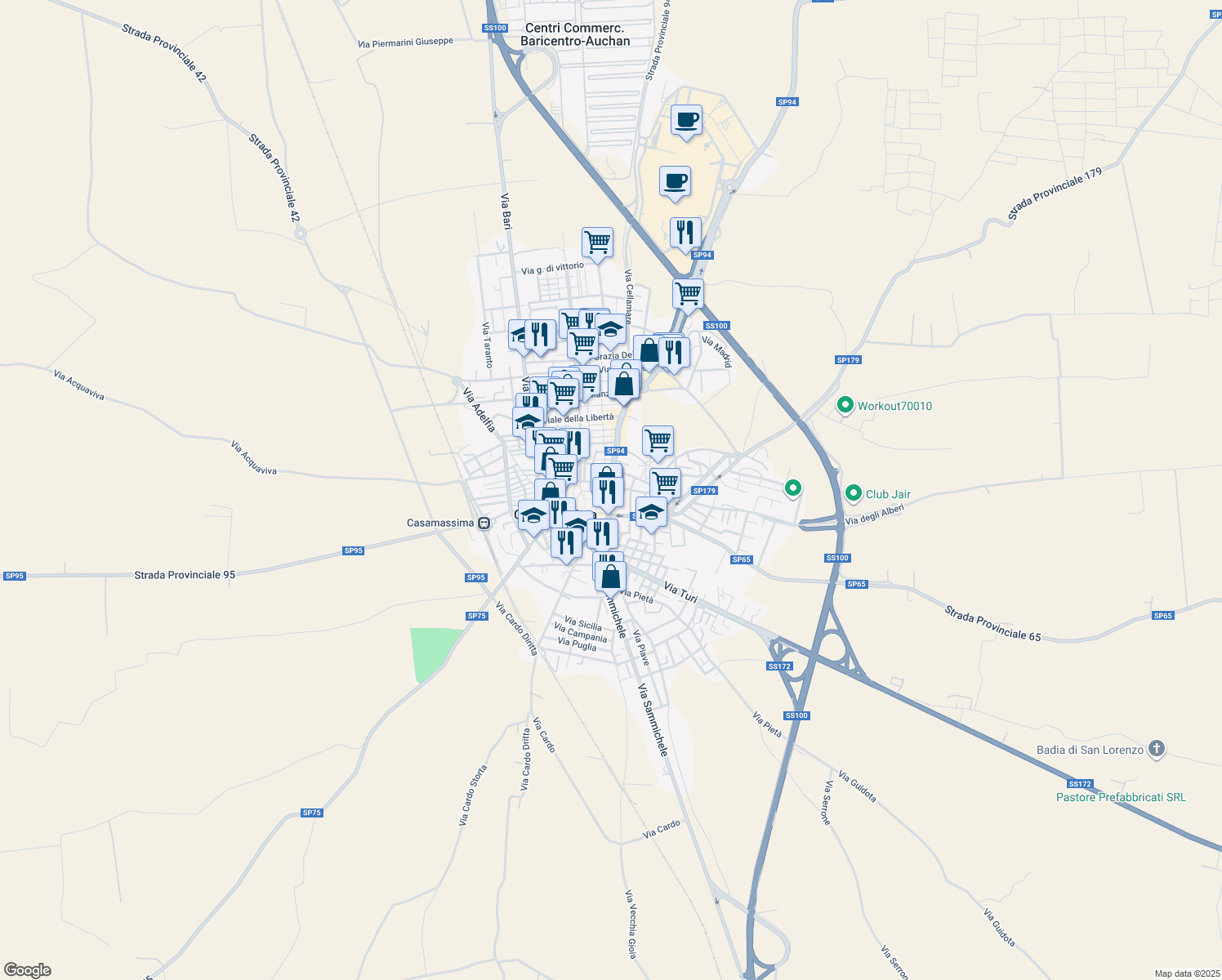 map of restaurants, bars, coffee shops, grocery stores, and more near 3 Via Imbriani in Casamassima