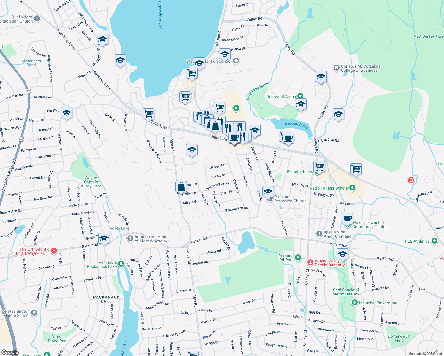 map of restaurants, bars, coffee shops, grocery stores, and more near 26 Leslie Dr in Wayne