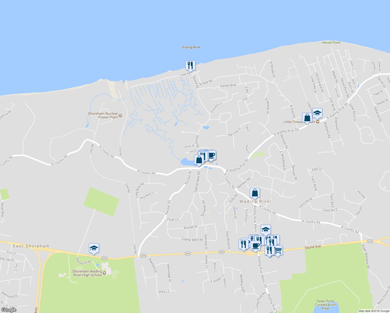 map of restaurants, bars, coffee shops, grocery stores, and more near 43 Hill Street in Wading River