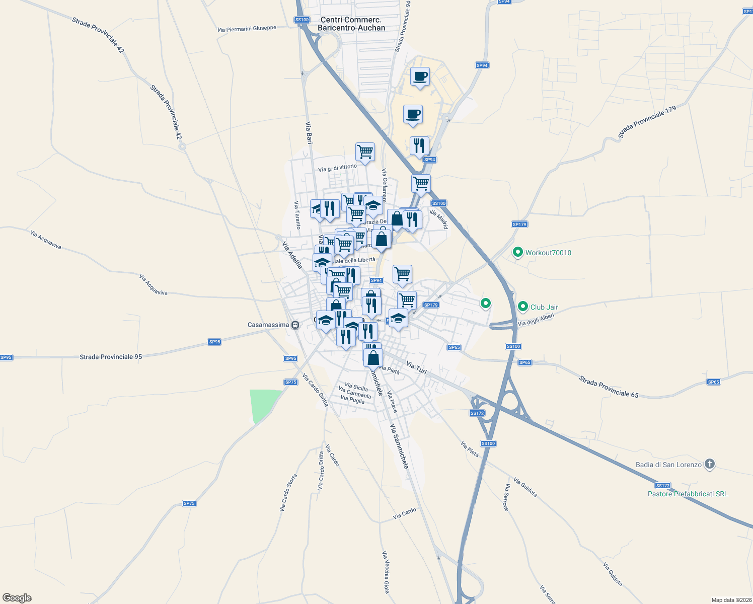 map of restaurants, bars, coffee shops, grocery stores, and more near 3 Via Imbriani in Casamassima