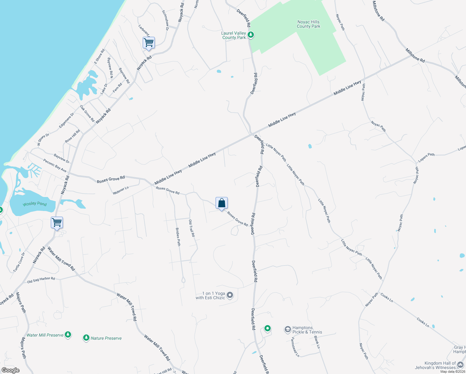 map of restaurants, bars, coffee shops, grocery stores, and more near 1866 Deerfield Road in Water Mill