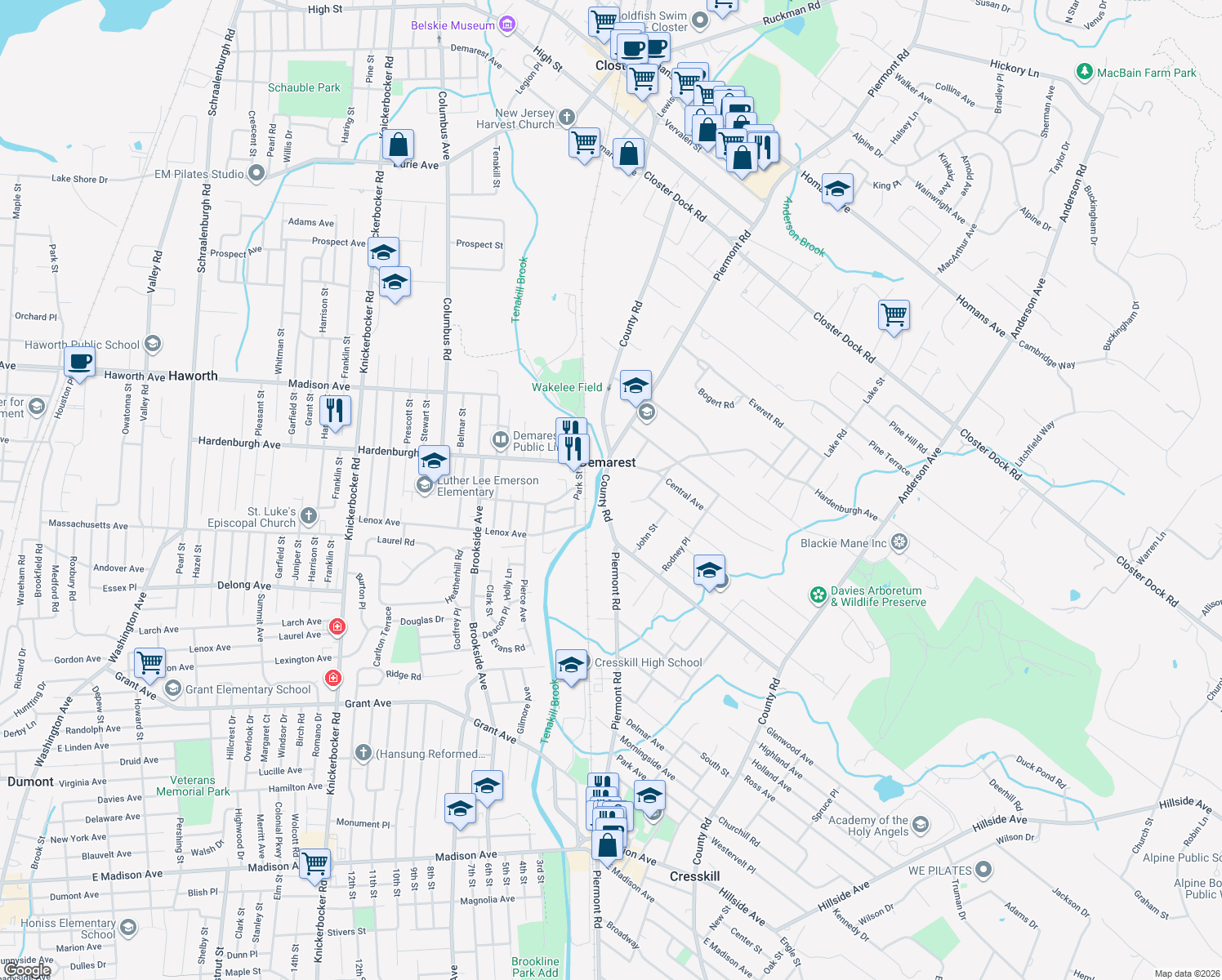 map of restaurants, bars, coffee shops, grocery stores, and more near 218 County Road in Demarest