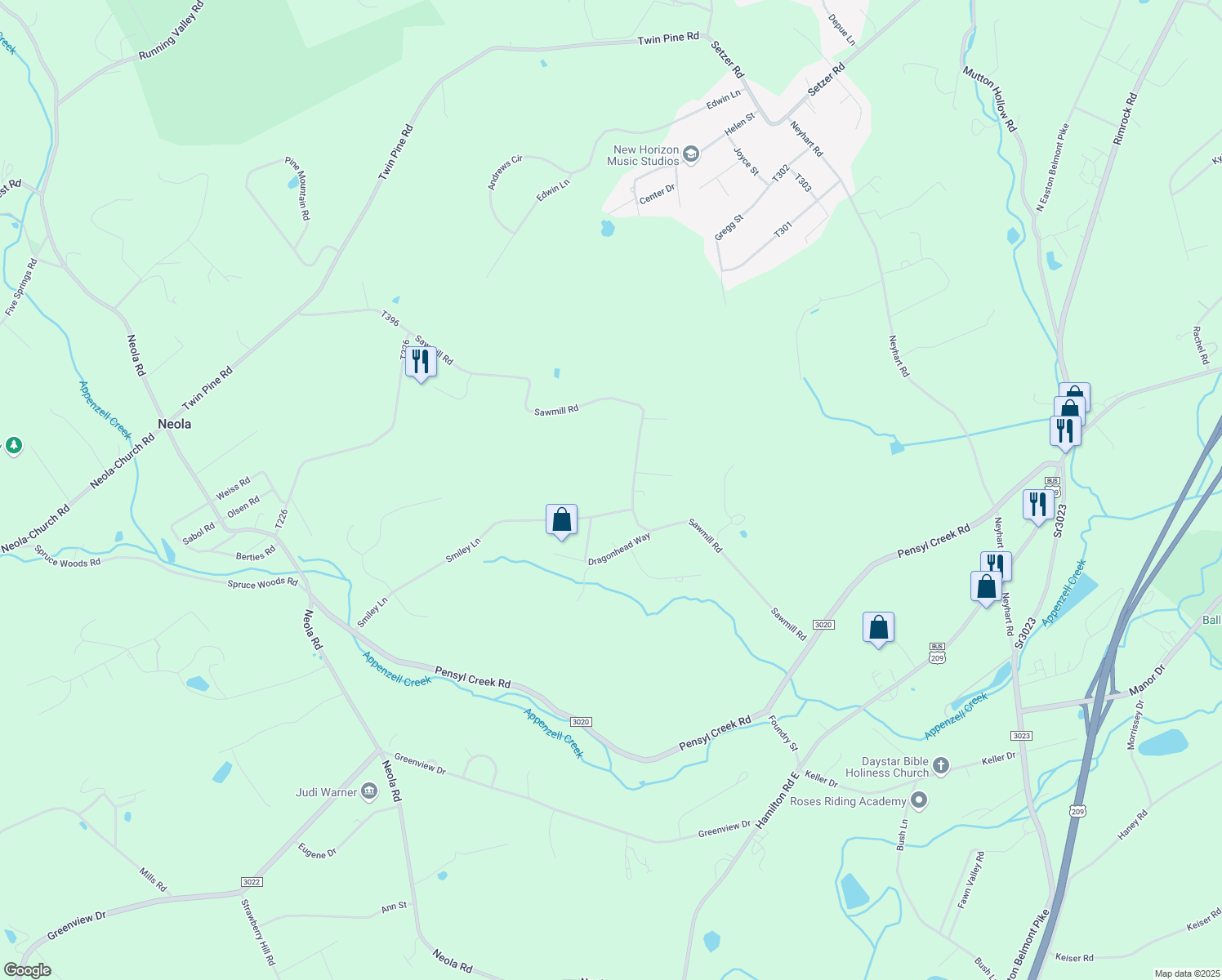 map of restaurants, bars, coffee shops, grocery stores, and more near 101 Smiley Lane in Stroudsburg