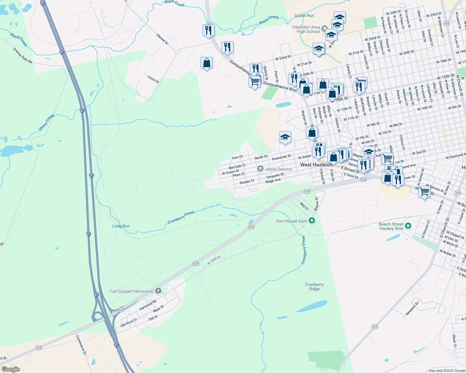map of restaurants, bars, coffee shops, grocery stores, and more near 818 Winters Avenue in Luzerne County