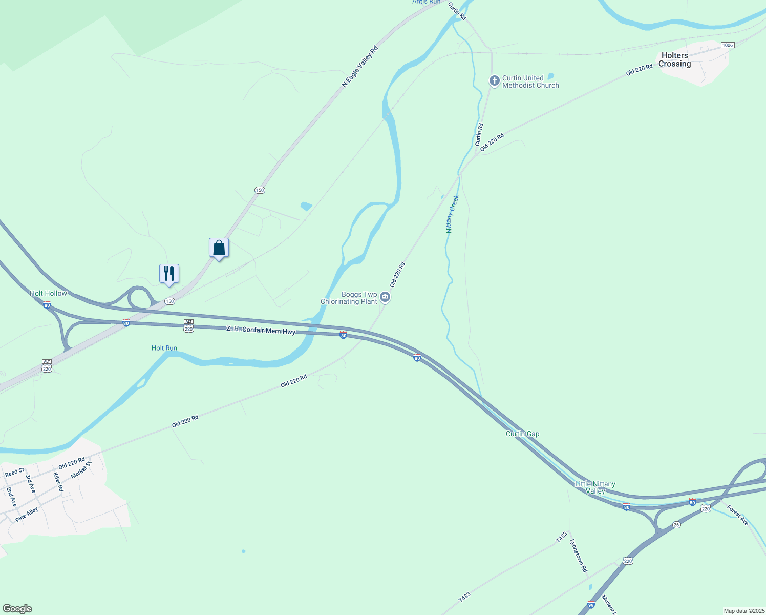 map of restaurants, bars, coffee shops, grocery stores, and more near Old 220 Road in Bellefonte