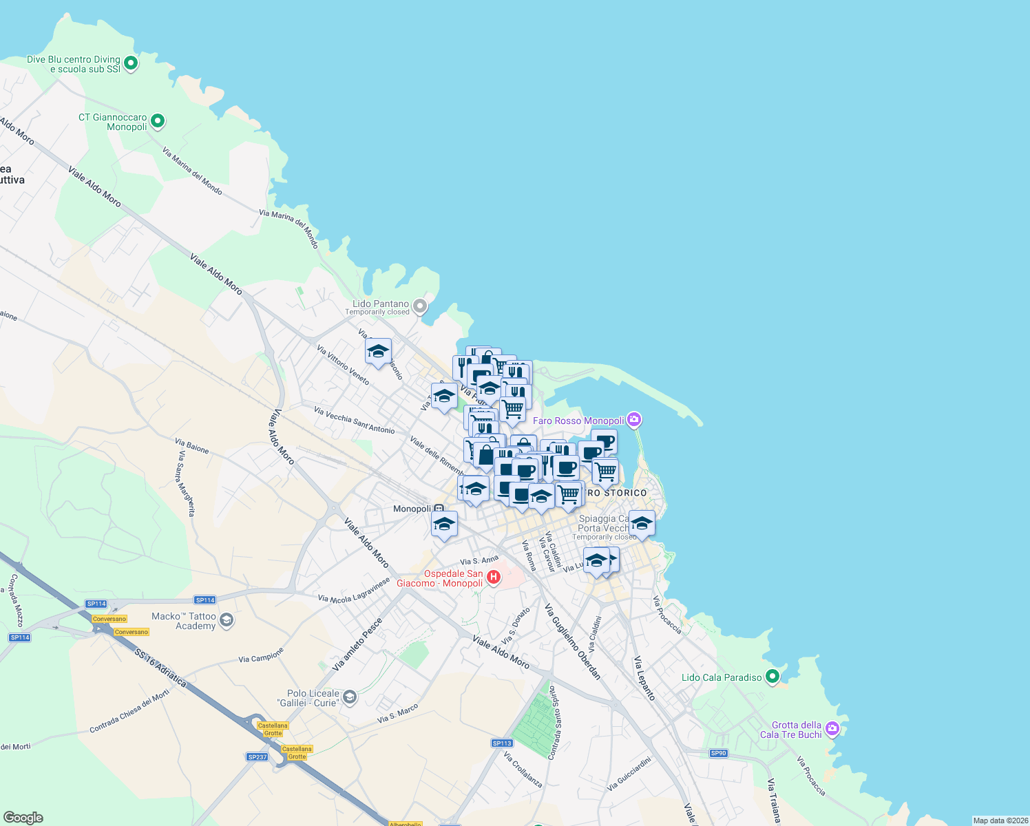 map of restaurants, bars, coffee shops, grocery stores, and more near 6 Via Remigio Ferretti in Monopoli