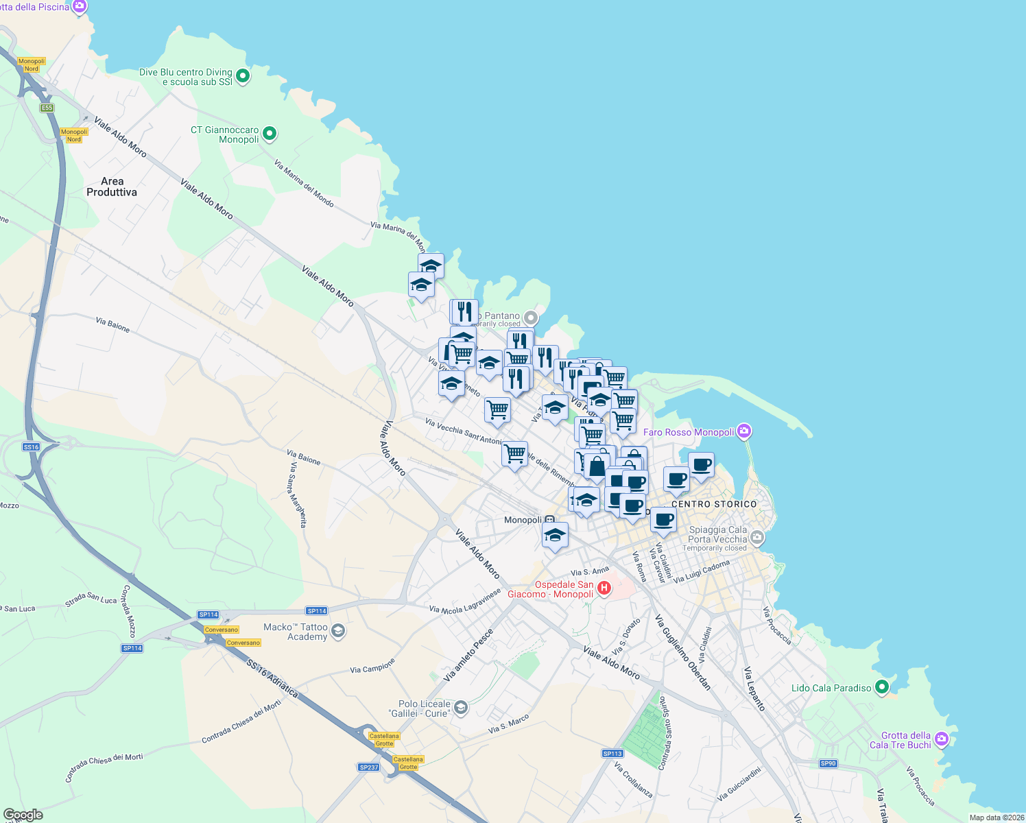 map of restaurants, bars, coffee shops, grocery stores, and more near 1 Via Regina Pacis in Monopoli