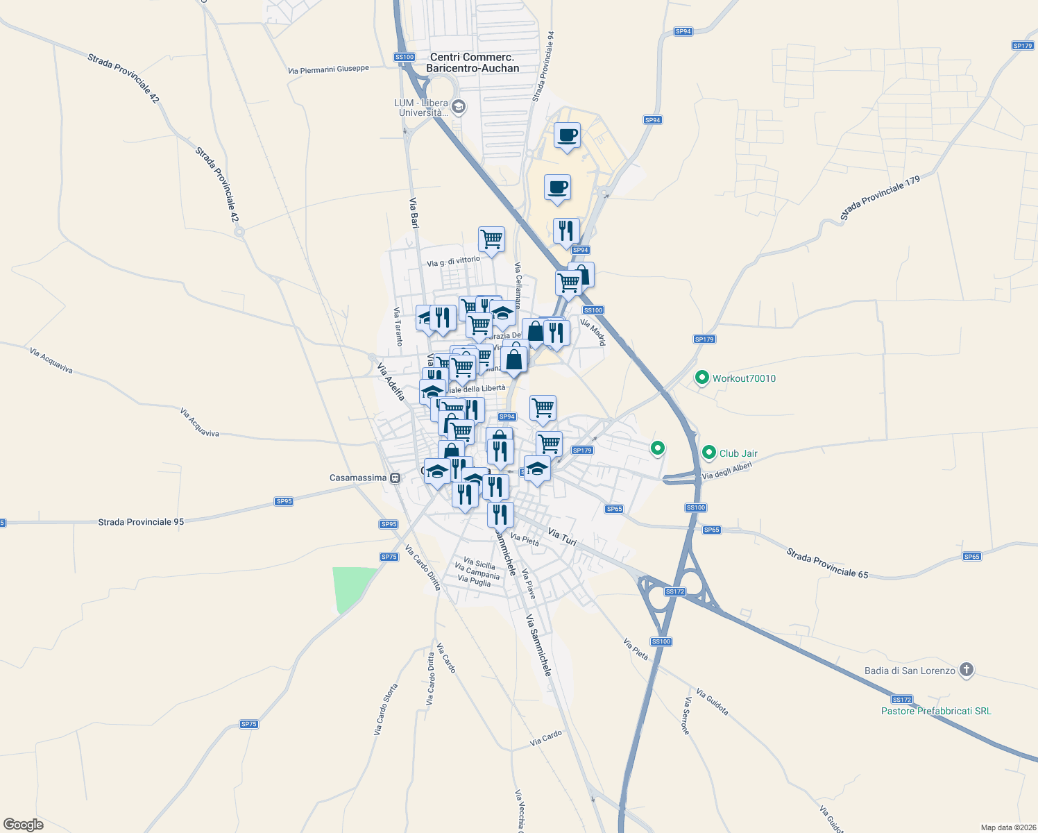 map of restaurants, bars, coffee shops, grocery stores, and more near 33 Via Giuseppe Parini in Casamassima