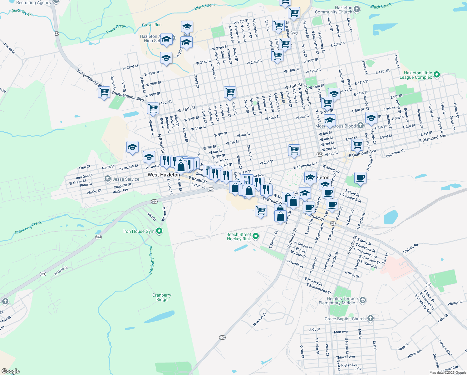 map of restaurants, bars, coffee shops, grocery stores, and more near 701 West Broad Street in Hazleton