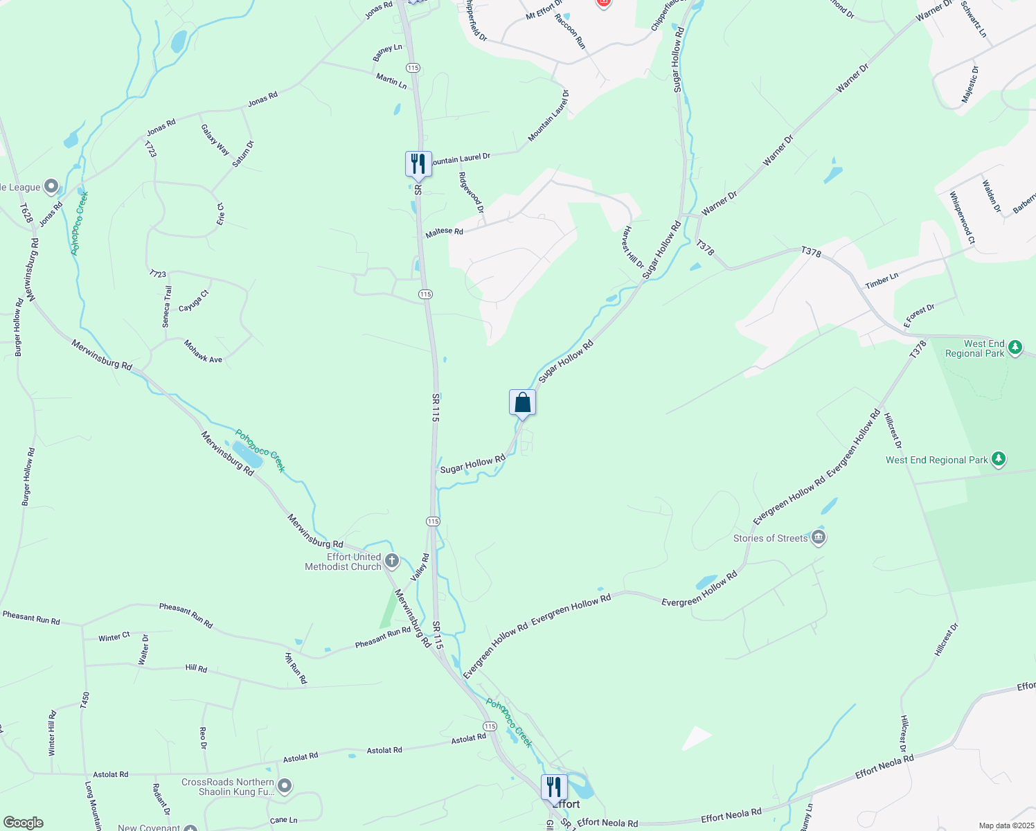 map of restaurants, bars, coffee shops, grocery stores, and more near 1708 Sugar Hollow Road in Effort