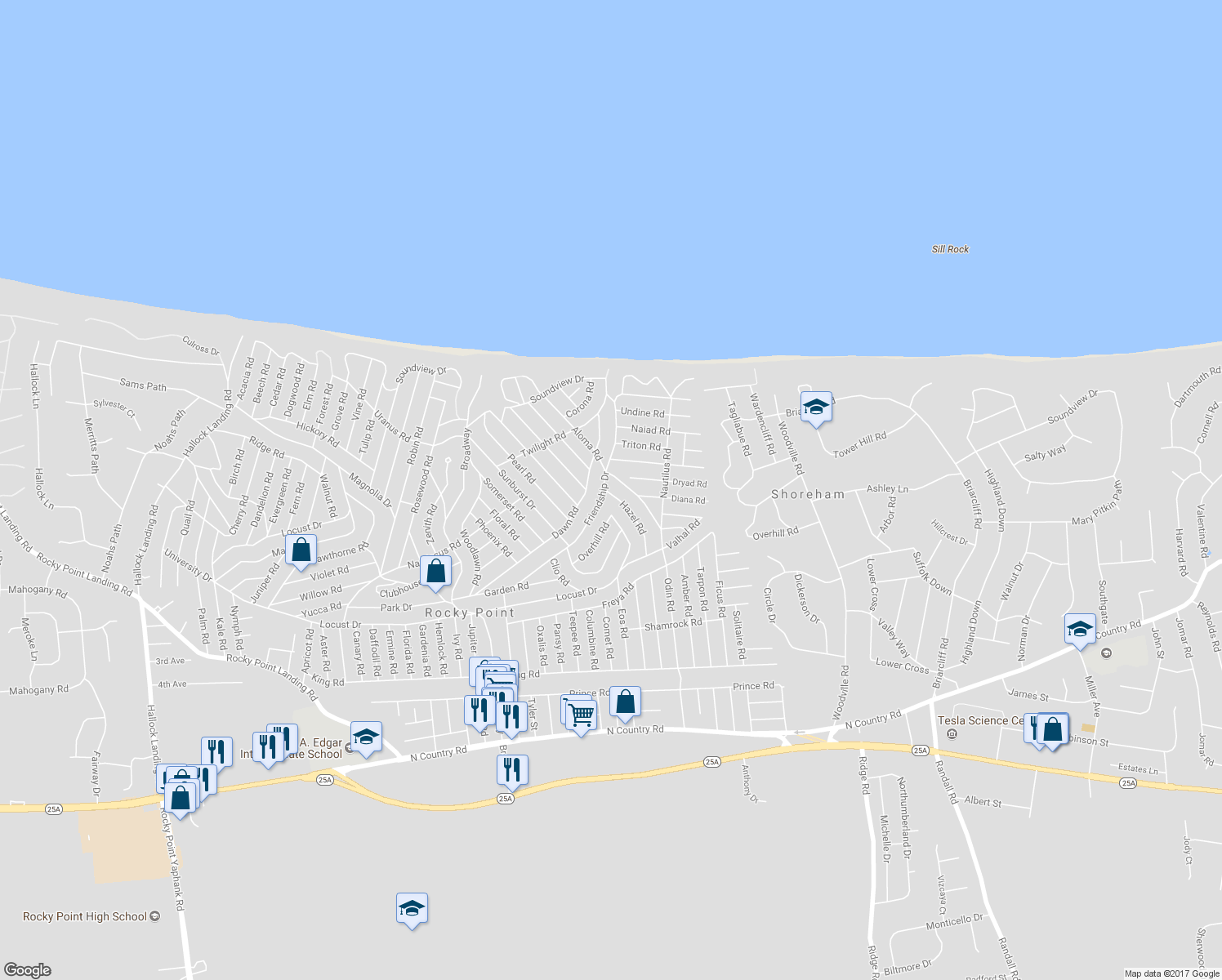 map of restaurants, bars, coffee shops, grocery stores, and more near 51 Hazel Road in Rocky Point
