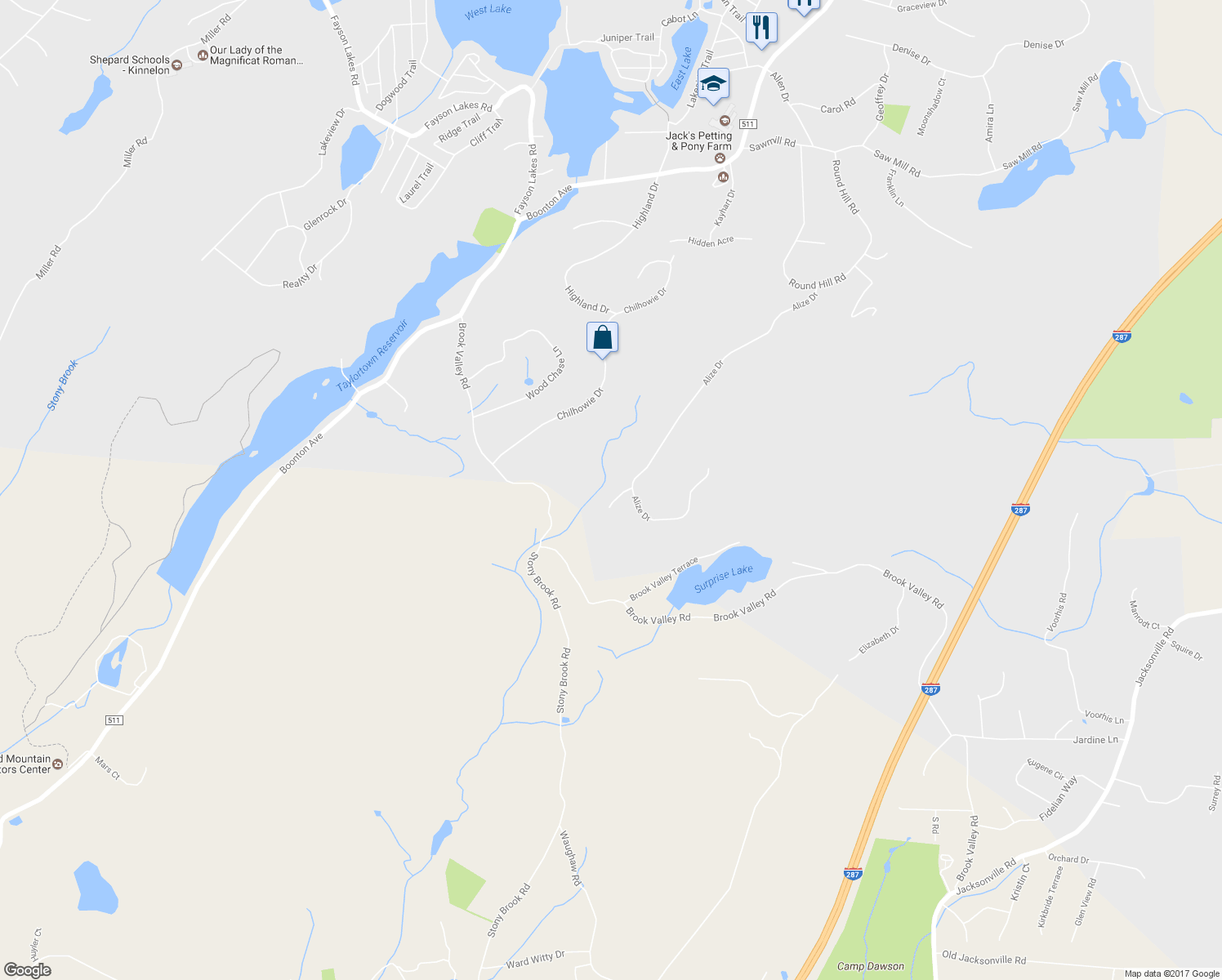 map of restaurants, bars, coffee shops, grocery stores, and more near 8 Raintree Court in Kinnelon