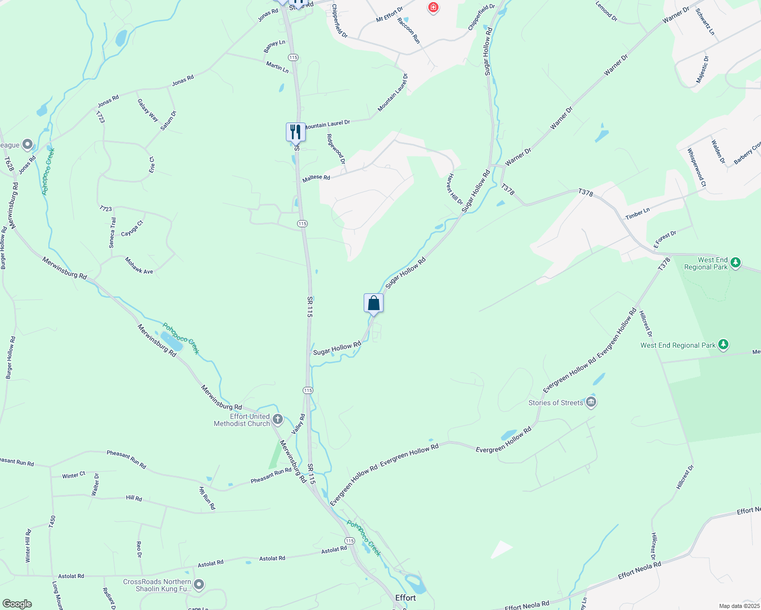 map of restaurants, bars, coffee shops, grocery stores, and more near 1699 Sugar Hollow Road in Effort