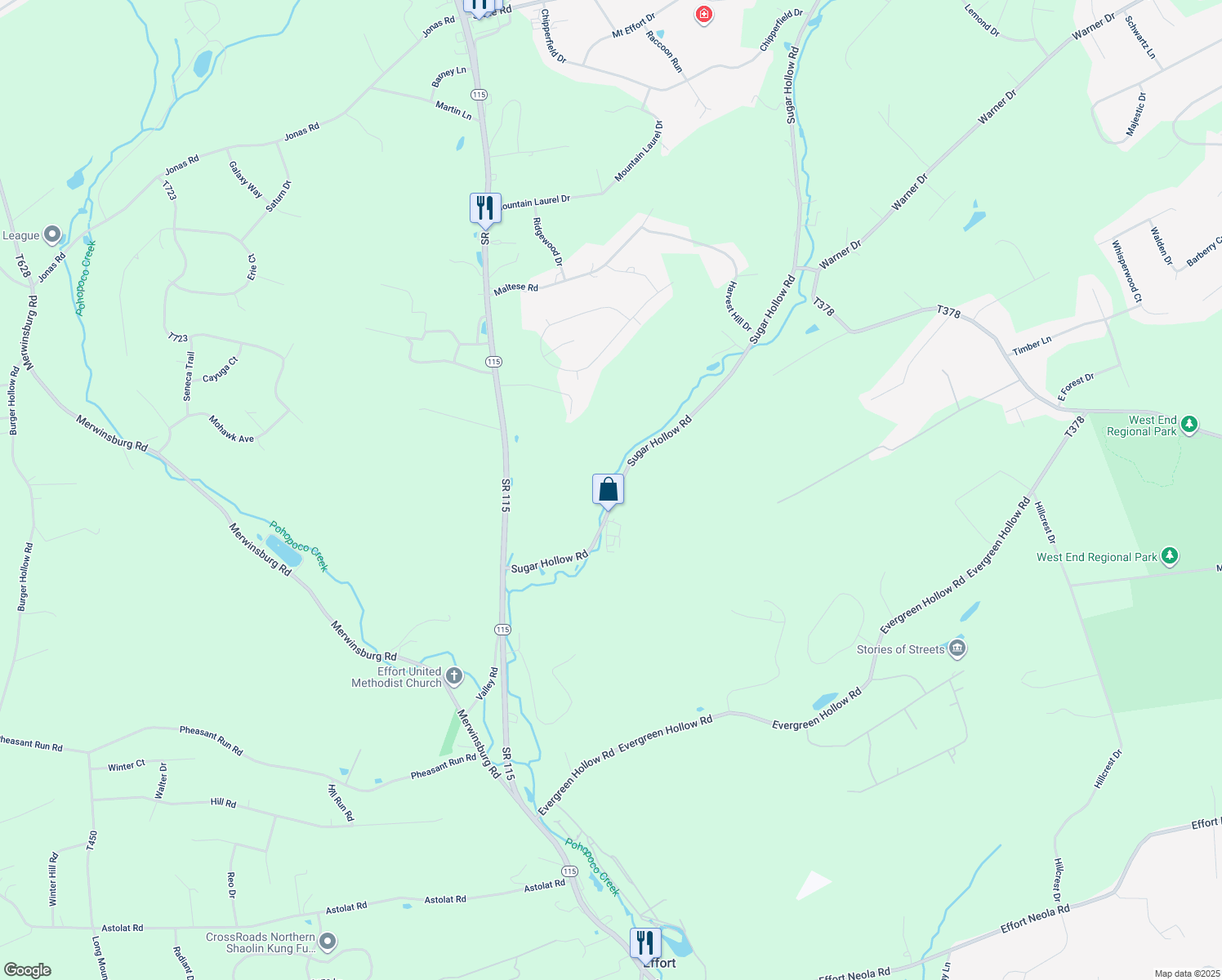 map of restaurants, bars, coffee shops, grocery stores, and more near 1708 Sugar Hollow Road in Effort