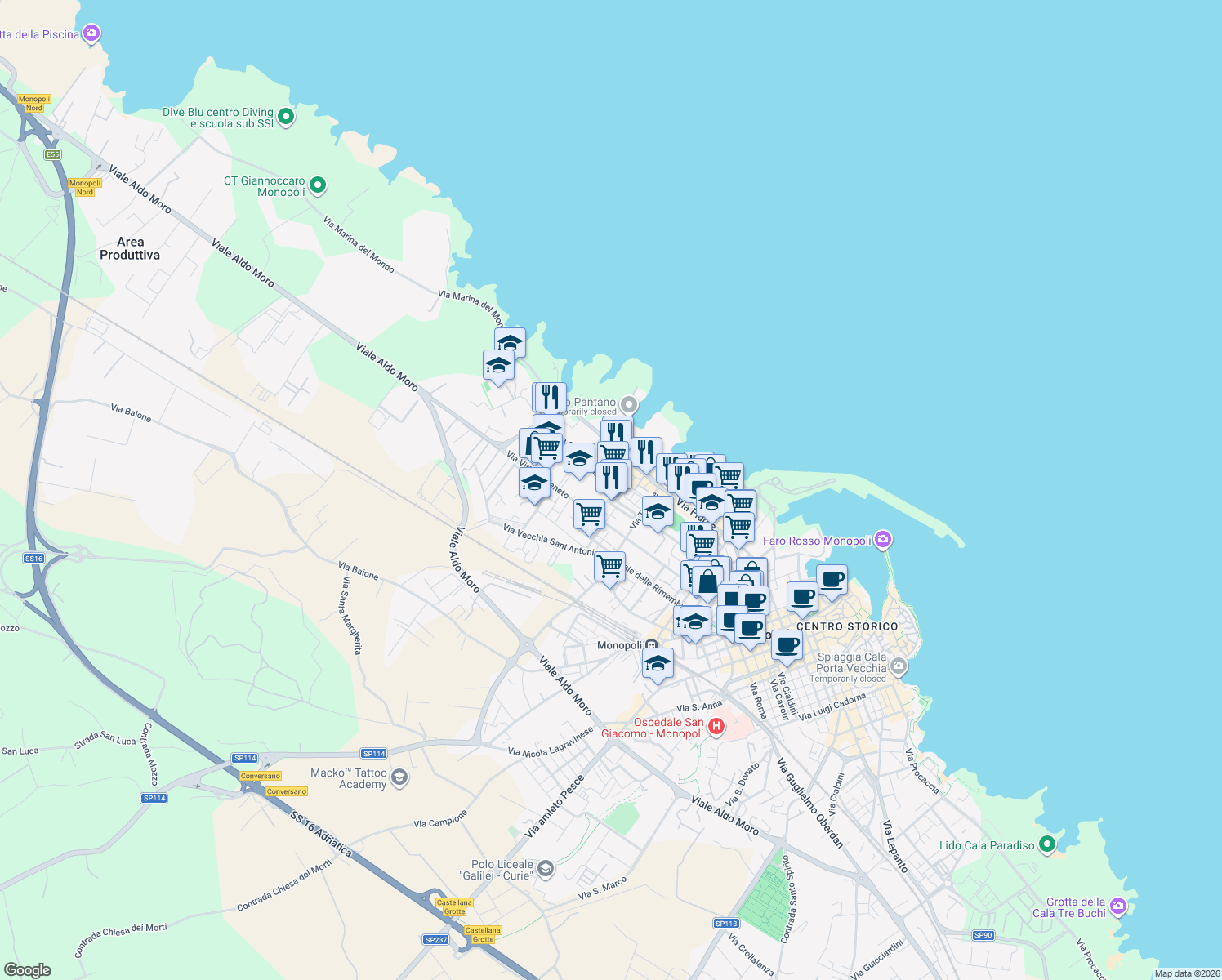 map of restaurants, bars, coffee shops, grocery stores, and more near 1 Via Regina Pacis in Monopoli