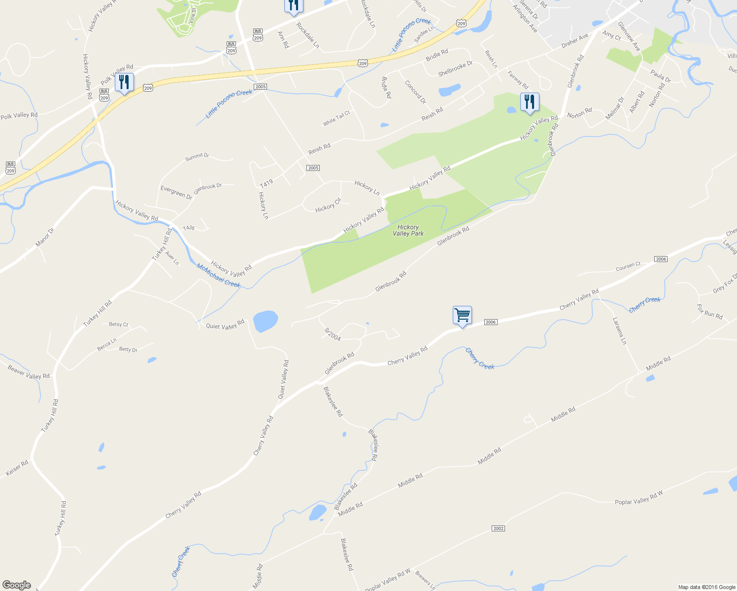 map of restaurants, bars, coffee shops, grocery stores, and more near 5210 Glenbrook Road in Stroudsburg