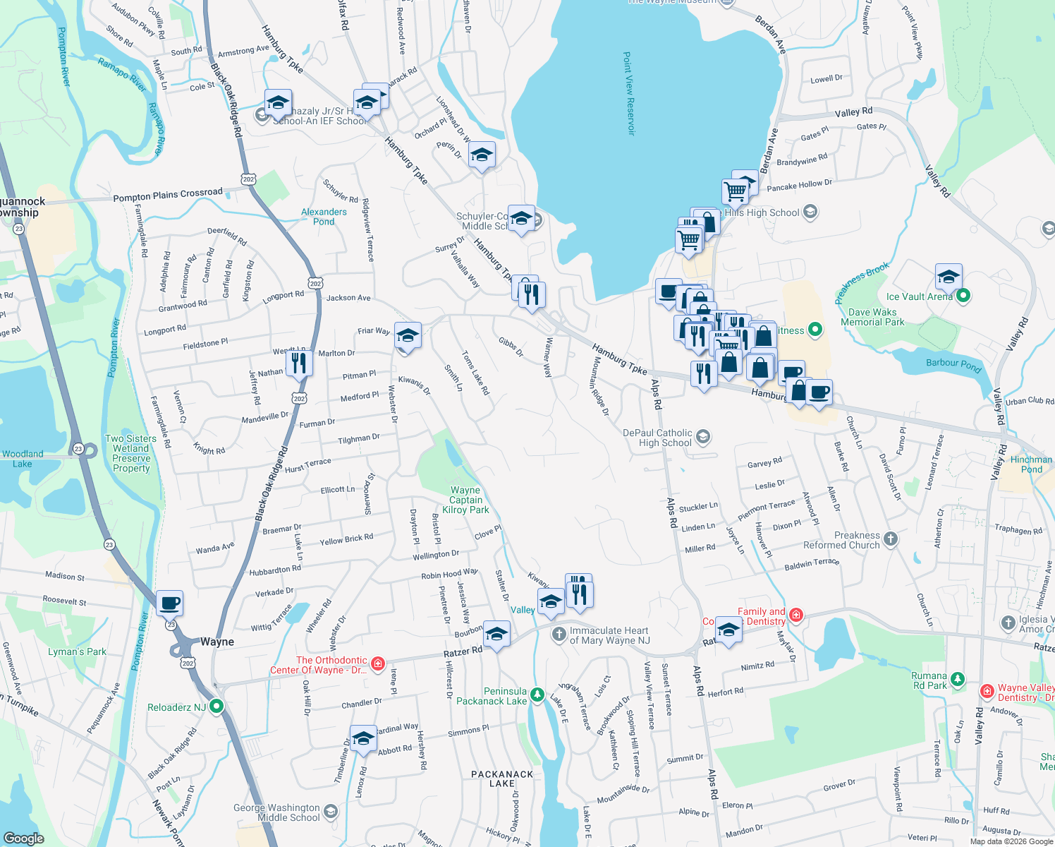 map of restaurants, bars, coffee shops, grocery stores, and more near 38 Peterson Road in Wayne