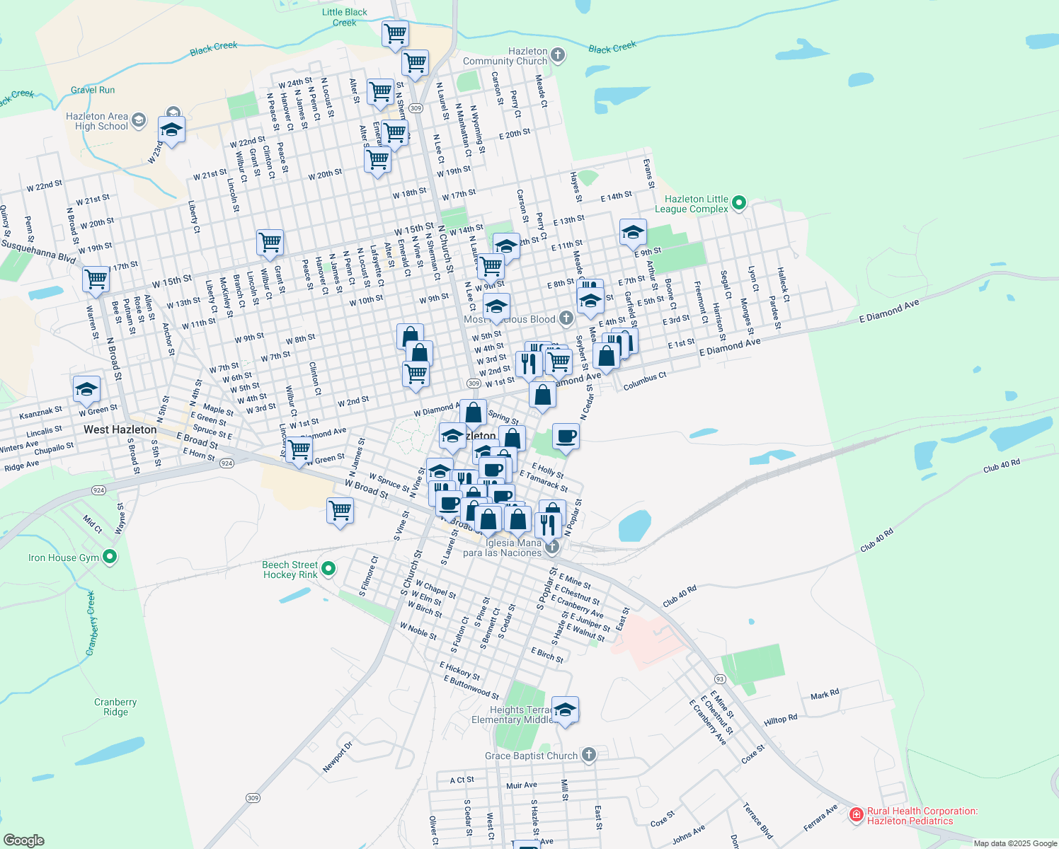 map of restaurants, bars, coffee shops, grocery stores, and more near 209 North Wyoming Street in Hazleton