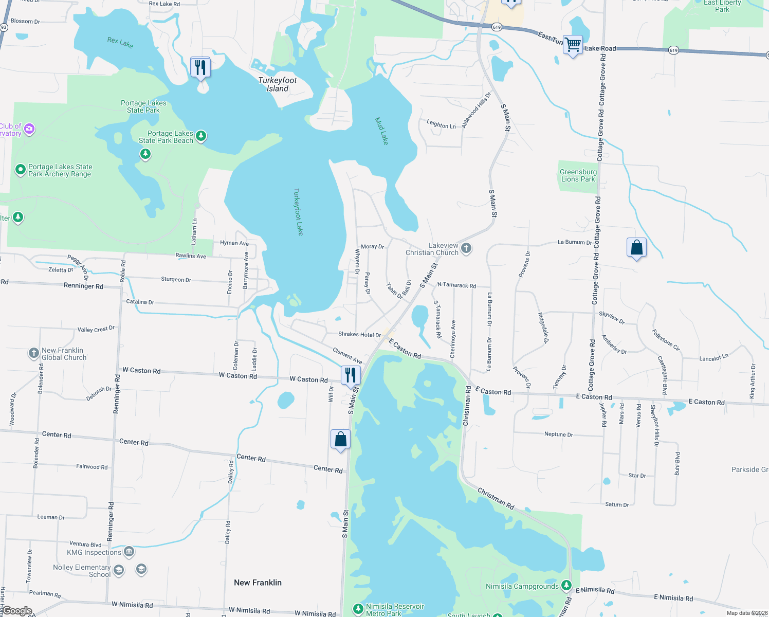 map of restaurants, bars, coffee shops, grocery stores, and more near 4795 Panay Dr in Akron