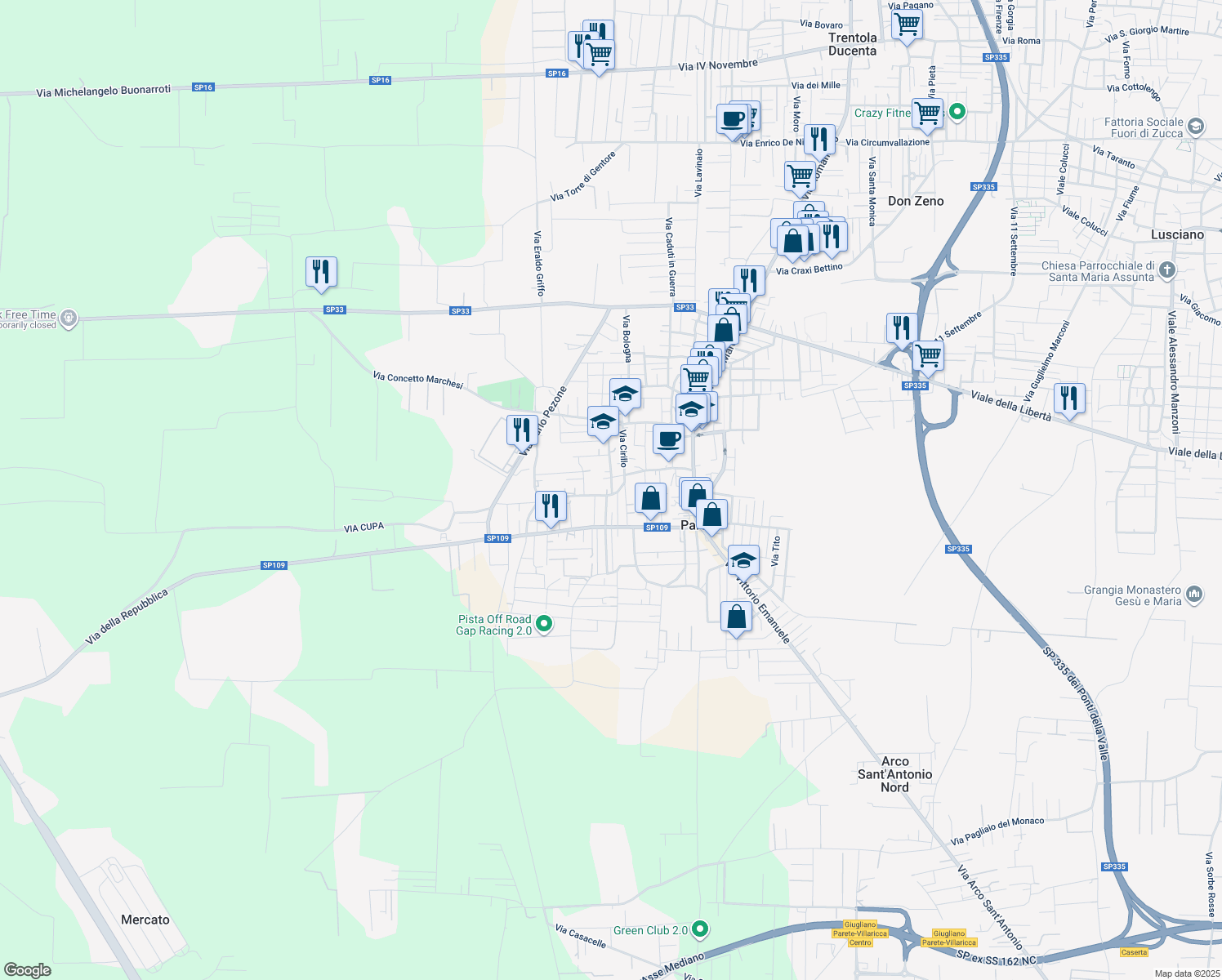 map of restaurants, bars, coffee shops, grocery stores, and more near 22 Secondo Vico Cavour in Parete