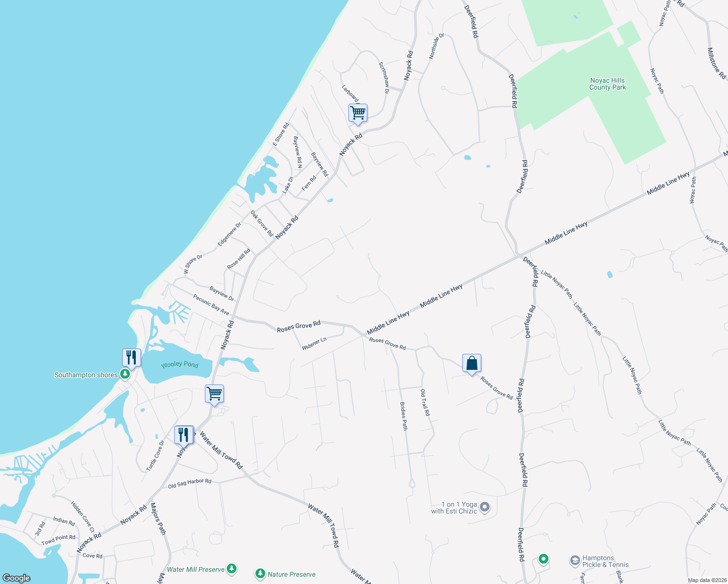 map of restaurants, bars, coffee shops, grocery stores, and more near 3 West Hills Court in Southampton