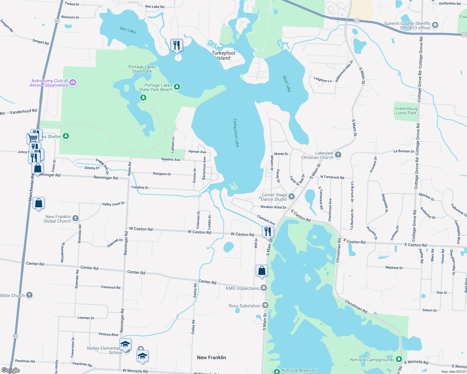 map of restaurants, bars, coffee shops, grocery stores, and more near 215 Shrakes Hotel Drive in Akron