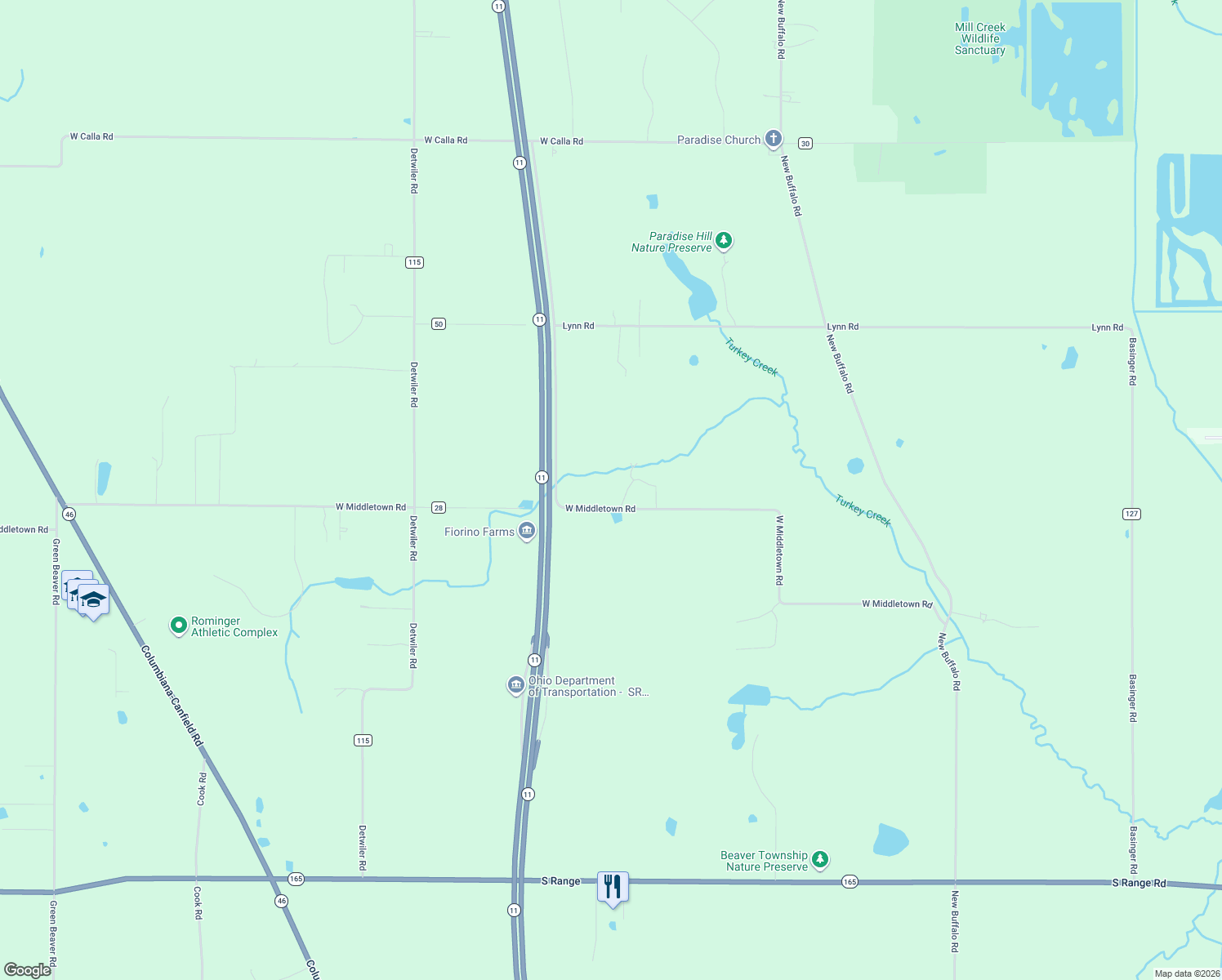 map of restaurants, bars, coffee shops, grocery stores, and more near 3428 West Middletown Road in Columbiana