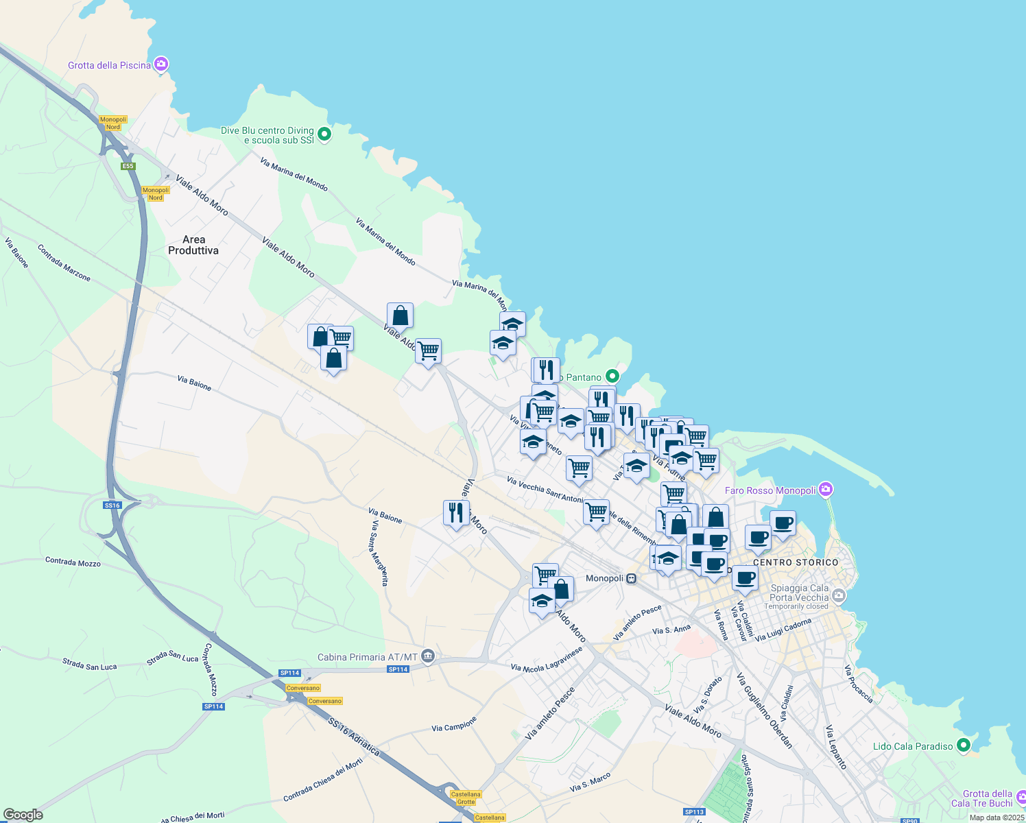 map of restaurants, bars, coffee shops, grocery stores, and more near 4 Via Cesare Beccaria in Monopoli