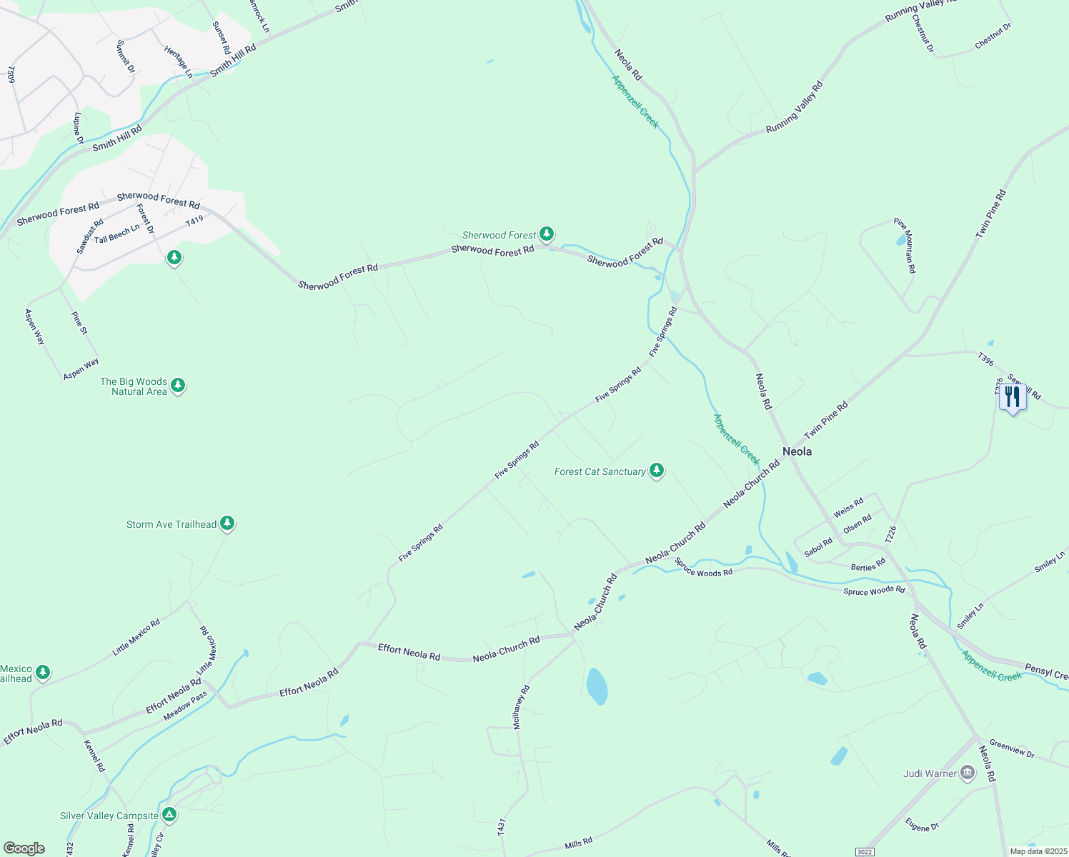 map of restaurants, bars, coffee shops, grocery stores, and more near 293 Five Springs Road in Stroudsburg