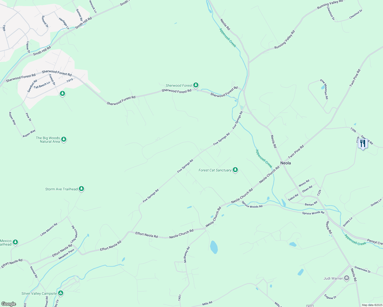 map of restaurants, bars, coffee shops, grocery stores, and more near 293 Five Springs Road in Stroudsburg