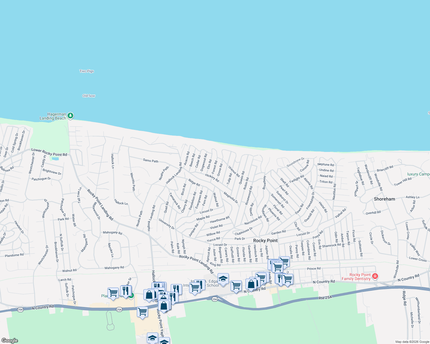 map of restaurants, bars, coffee shops, grocery stores, and more near 15 Forest Rd in Rocky Point