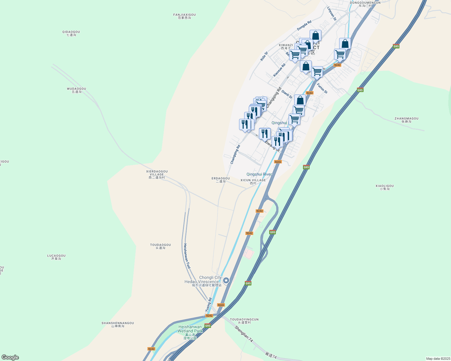 map of restaurants, bars, coffee shops, grocery stores, and more near Chang Qing Lu in Zhang Jia Kou Shi