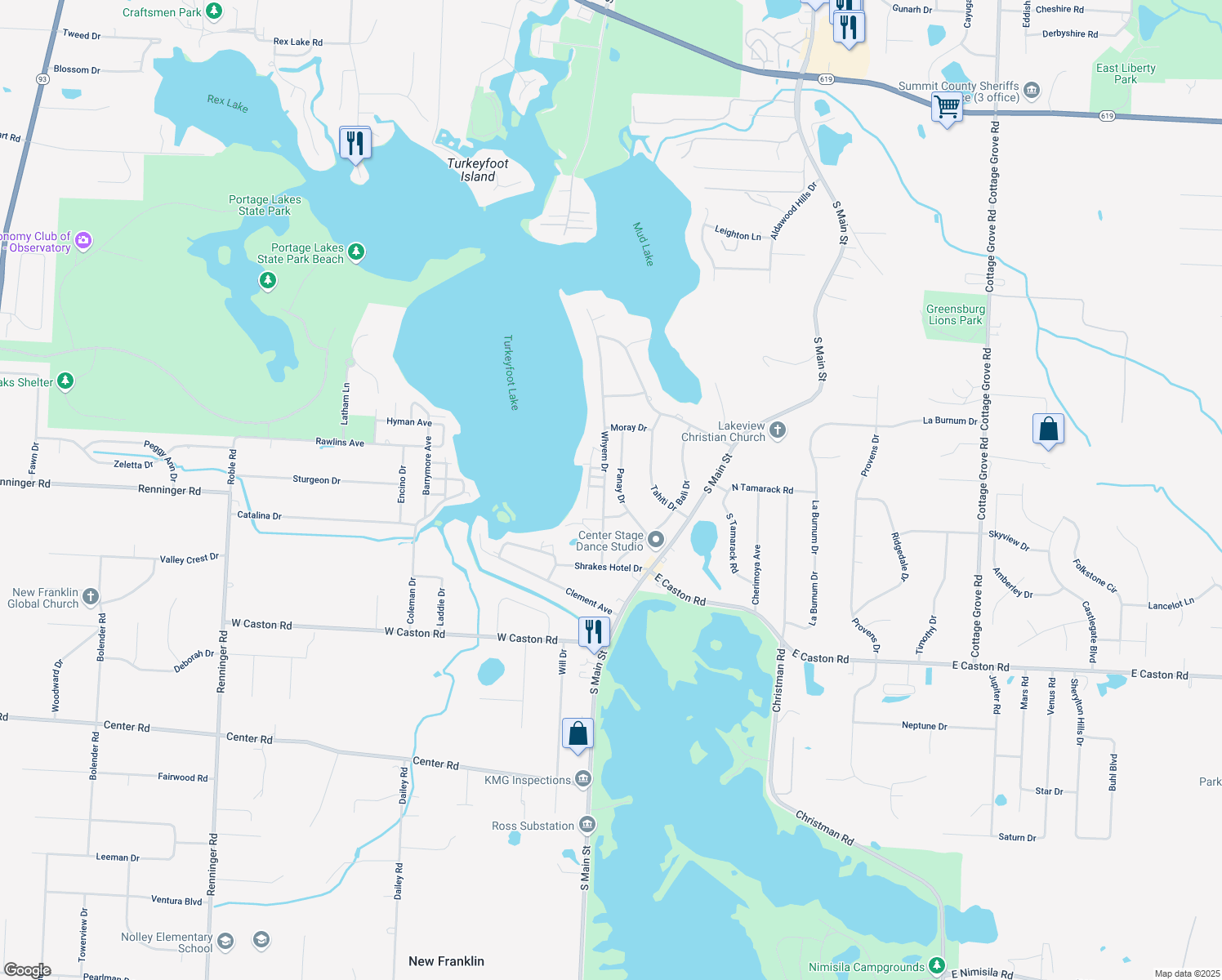 map of restaurants, bars, coffee shops, grocery stores, and more near 4744 Panay Dr in Akron