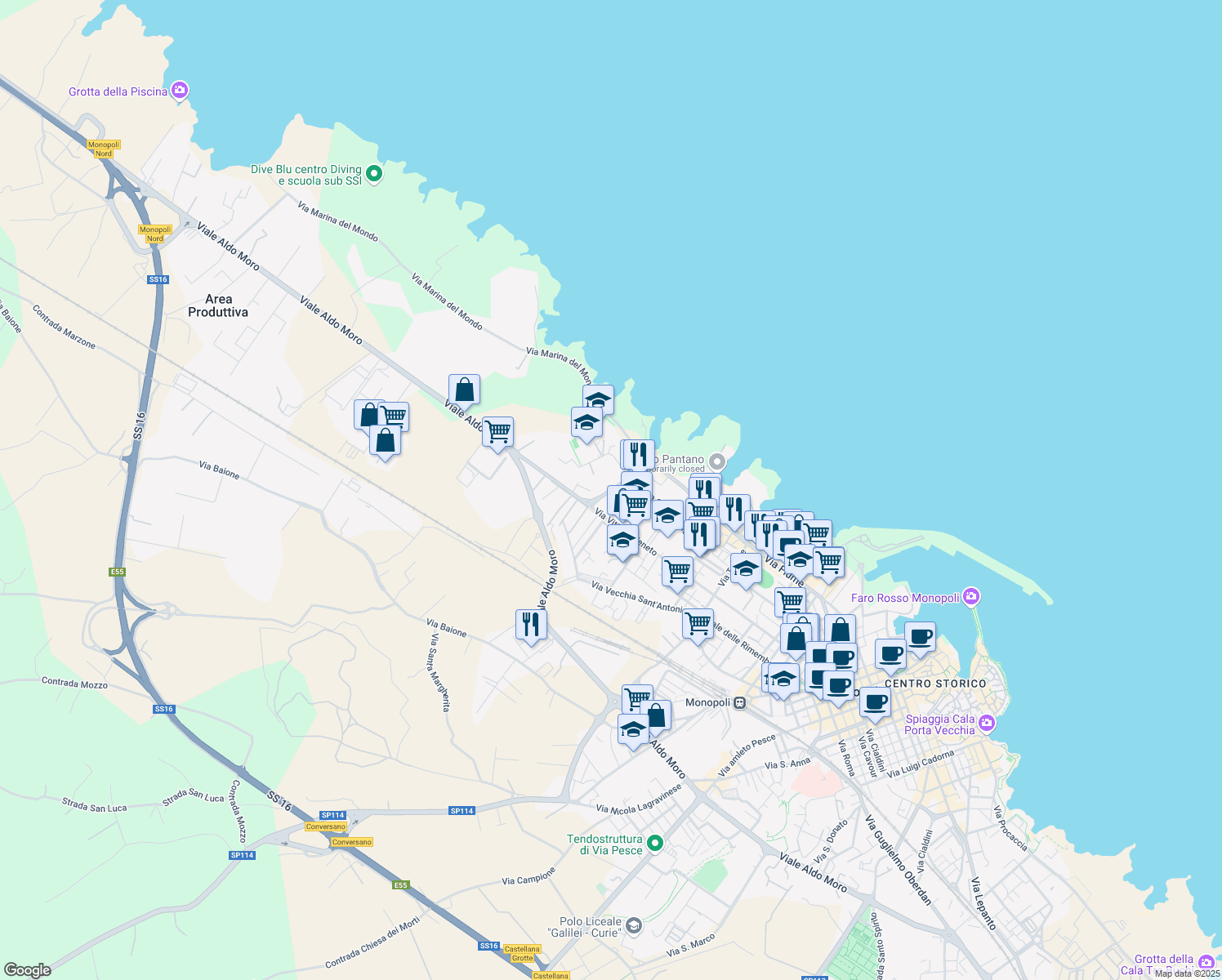 map of restaurants, bars, coffee shops, grocery stores, and more near 4 Via Cesare Beccaria in Monopoli