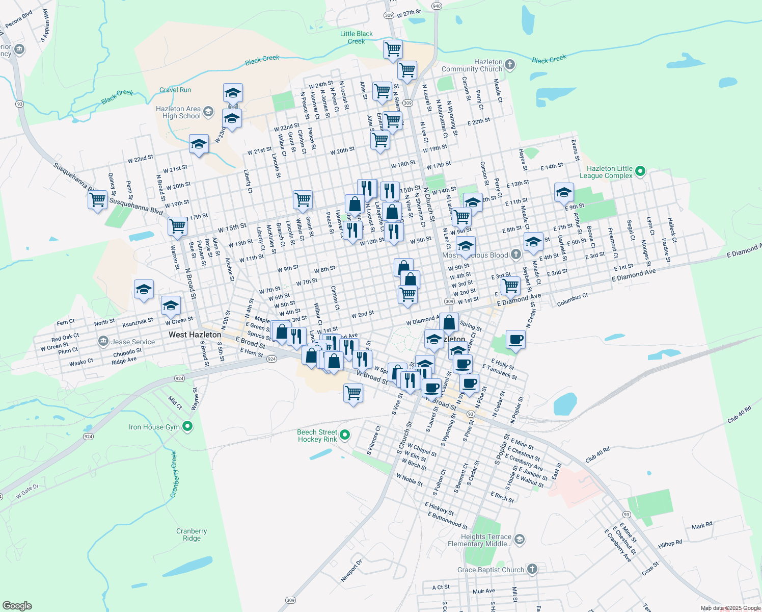 map of restaurants, bars, coffee shops, grocery stores, and more near 527 West 2nd Street in Hazleton