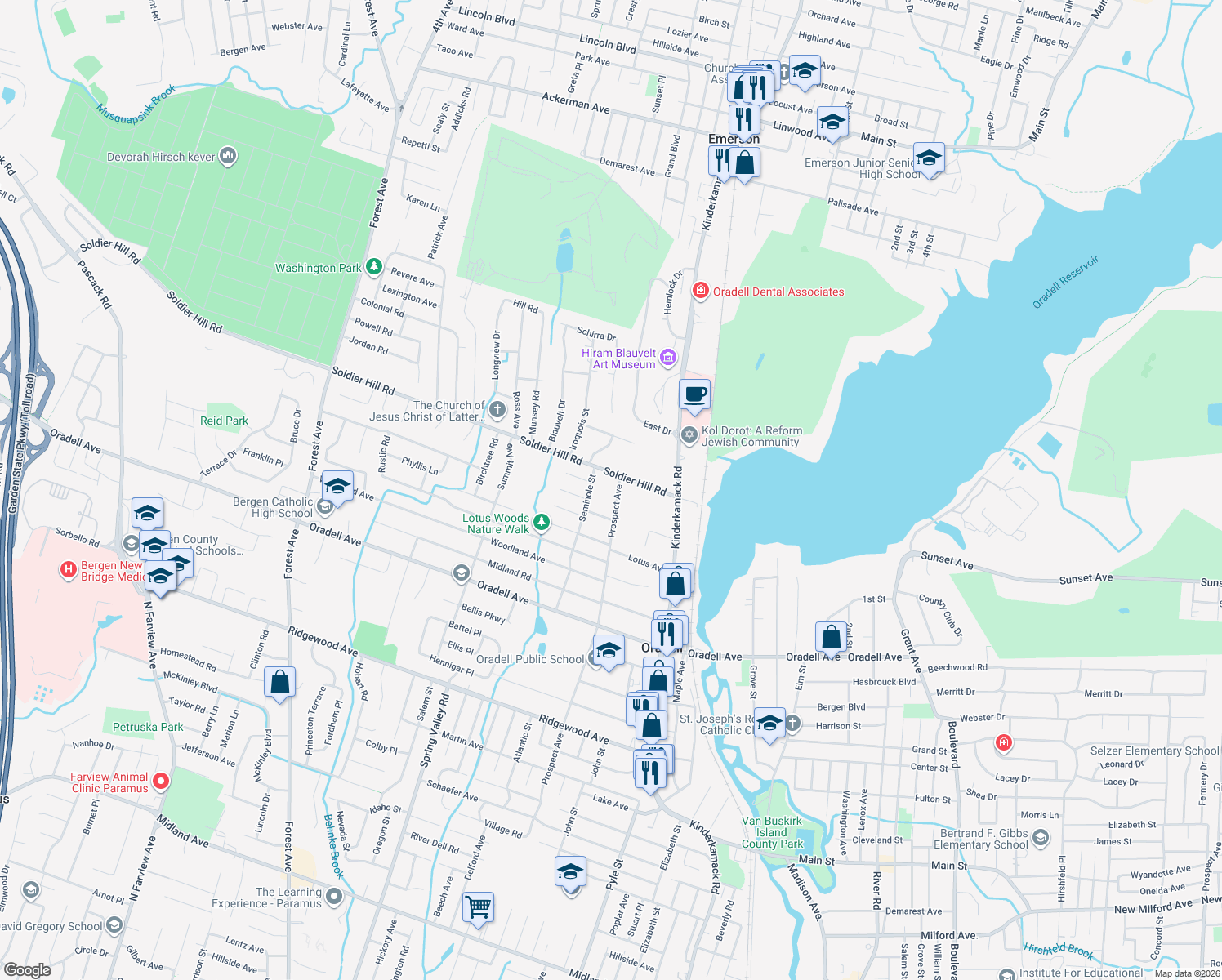 map of restaurants, bars, coffee shops, grocery stores, and more near 555 Prospect Ave in Oradell