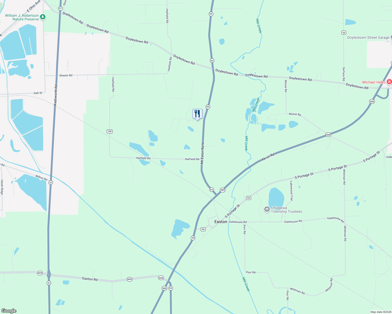 map of restaurants, bars, coffee shops, grocery stores, and more near 13227 Hatfield Road in Rittman