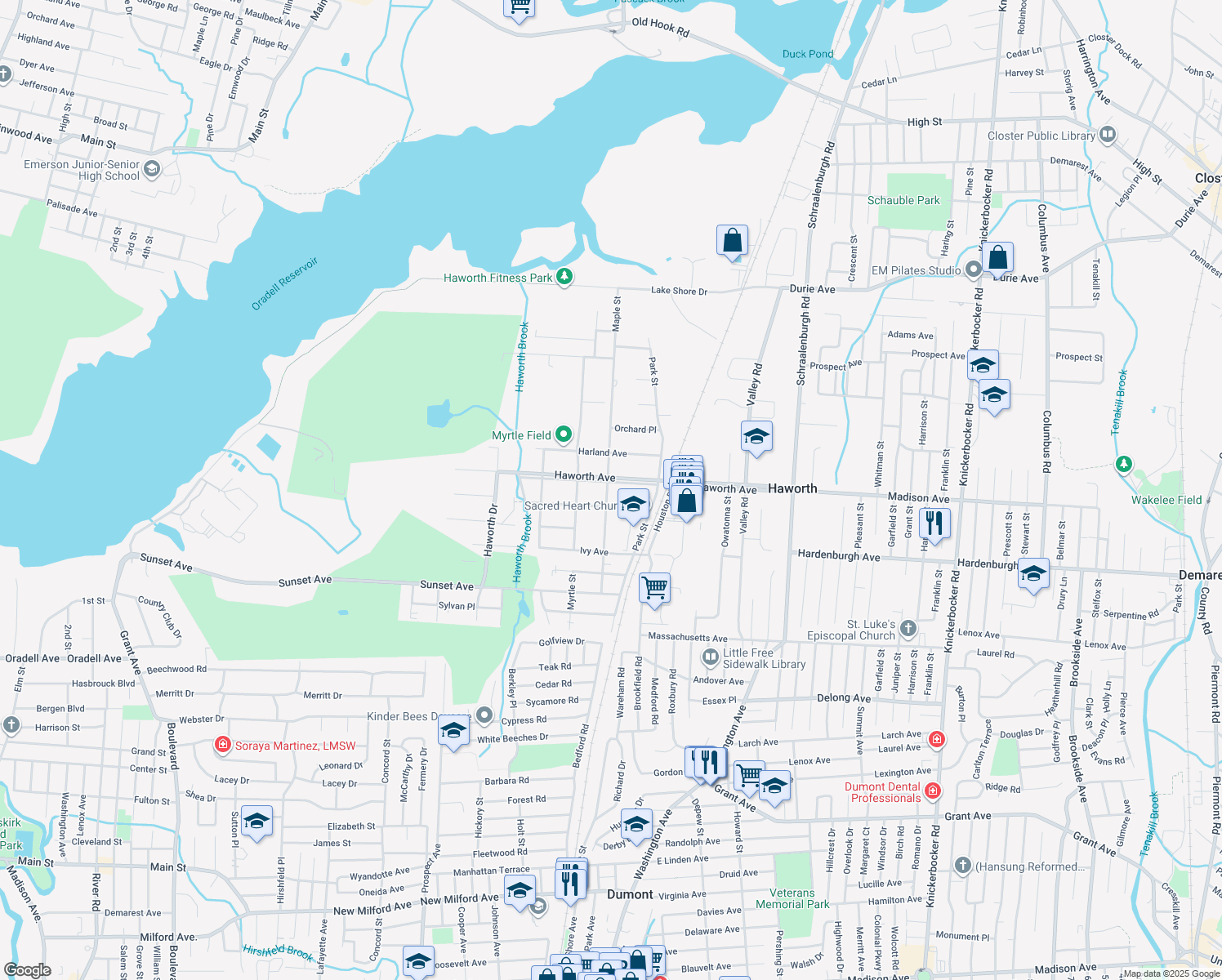 map of restaurants, bars, coffee shops, grocery stores, and more near 169 Maple St in Haworth