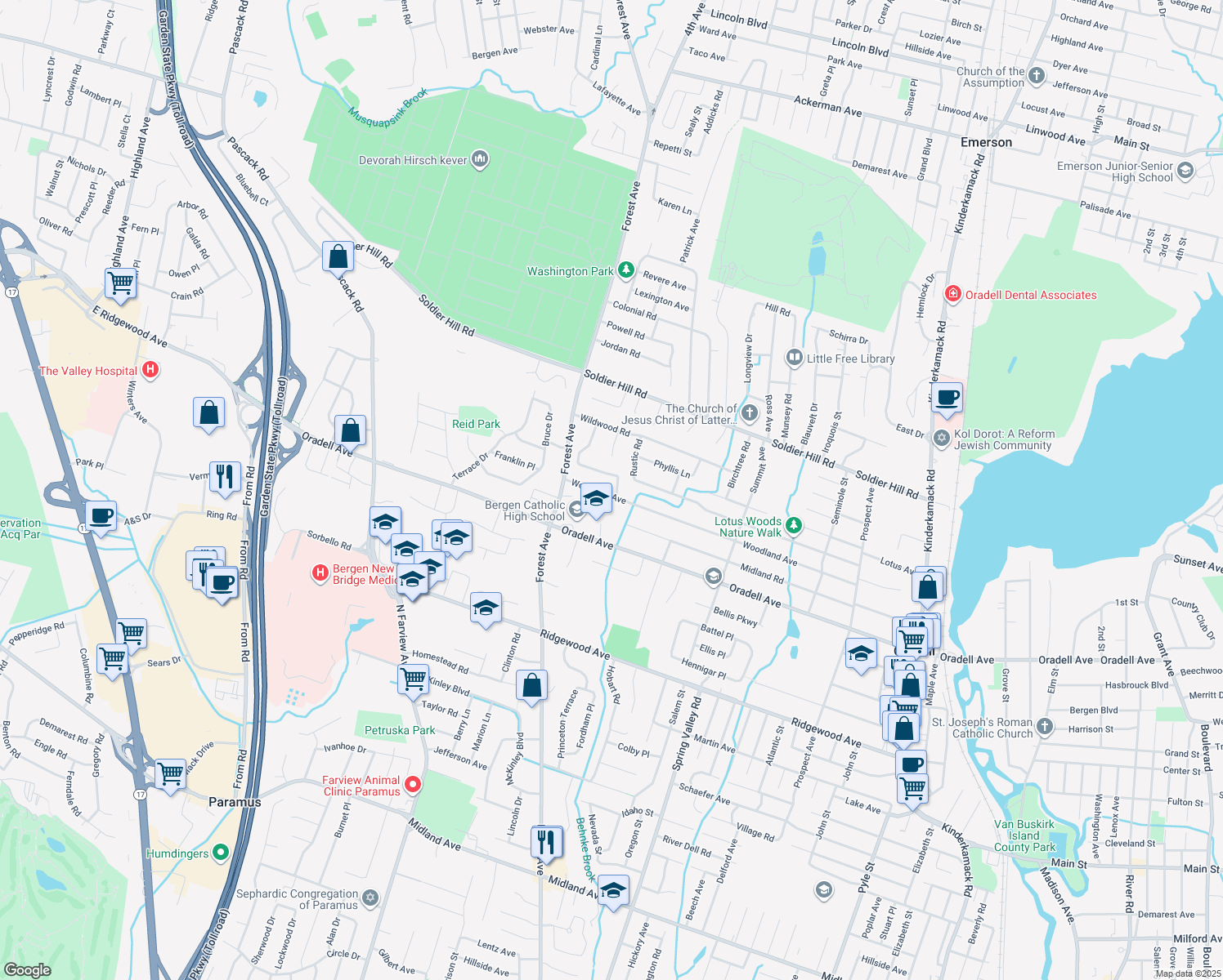 map of restaurants, bars, coffee shops, grocery stores, and more near 1012 Woodland Avenue in Oradell