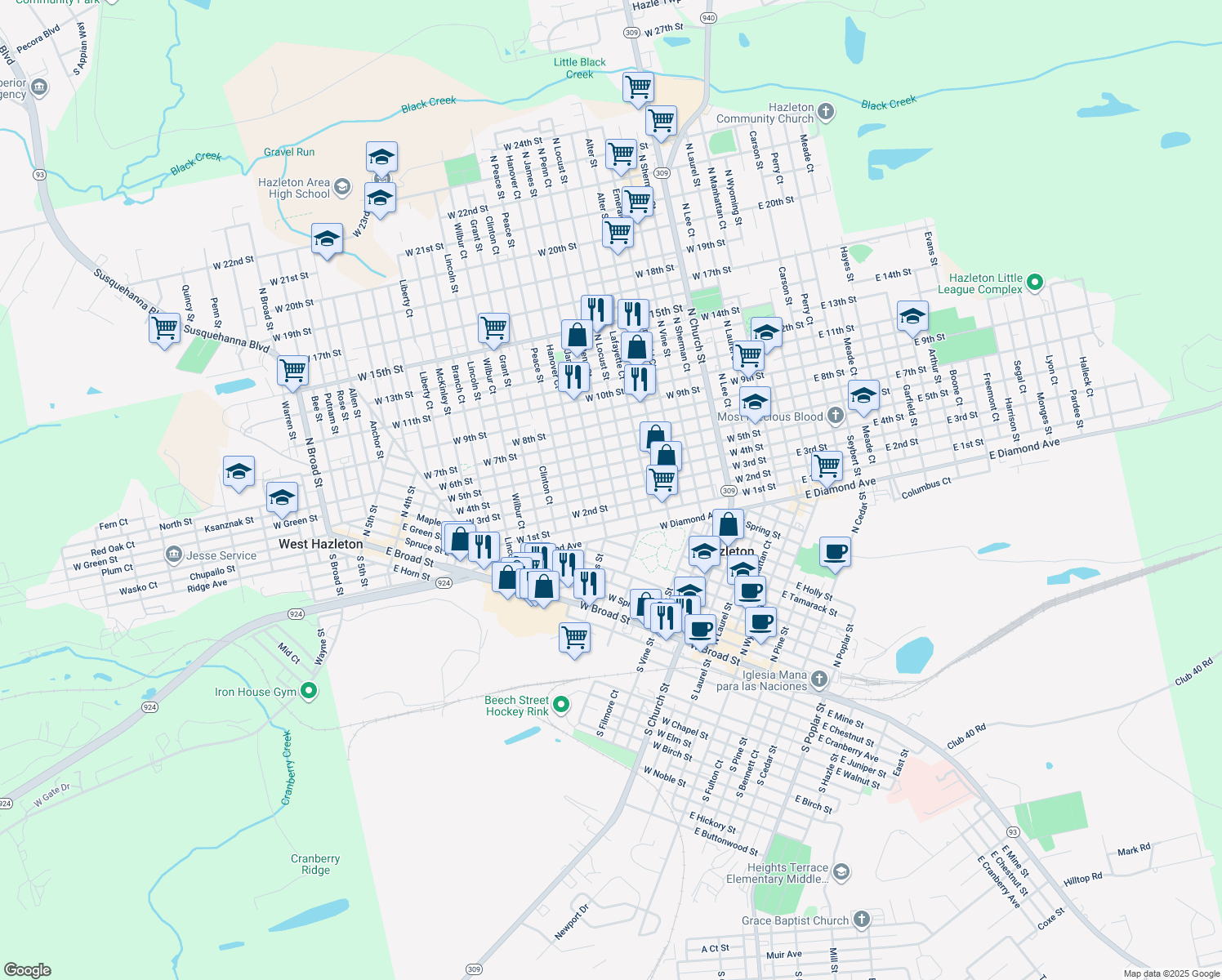 map of restaurants, bars, coffee shops, grocery stores, and more near 576 North Penn Court in Hazleton